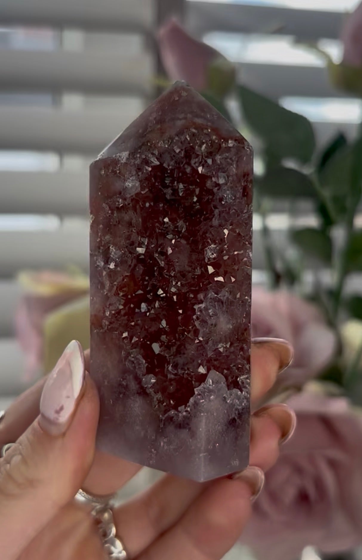 Beautiful, high quality, Pink amethyst tower in berry tones with sugar druzy