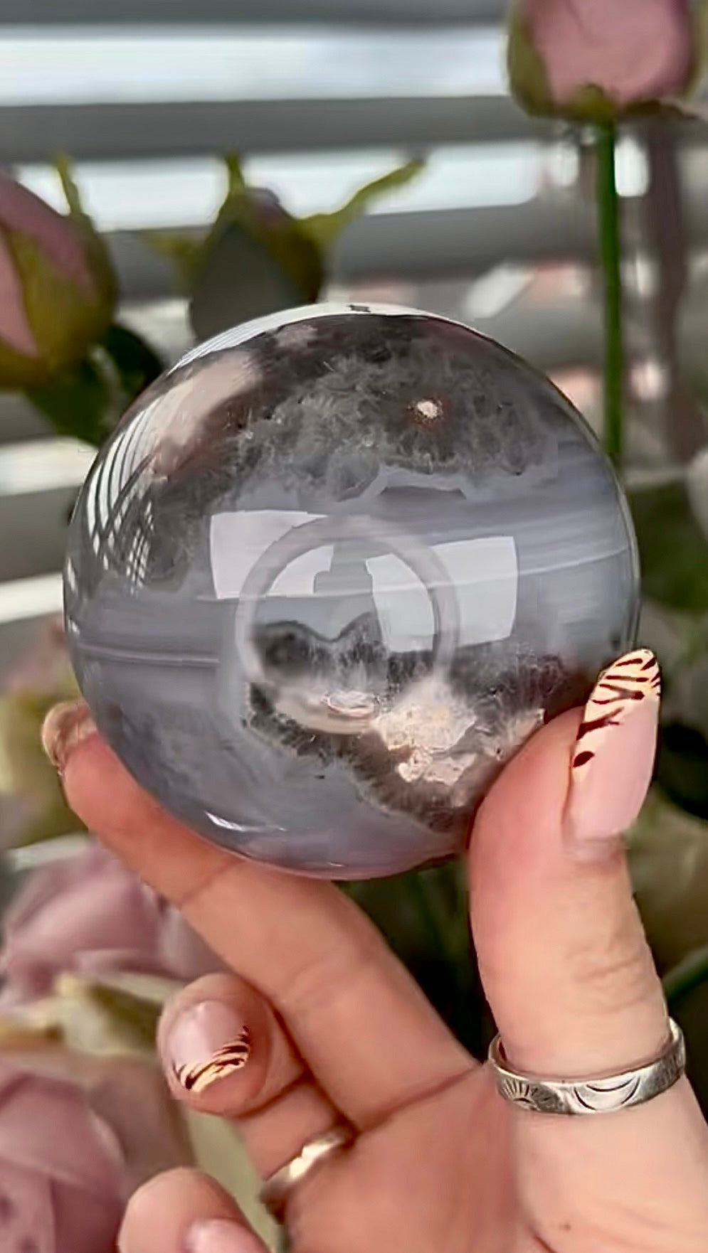 Stunning!! Super high quality, Druzy, green chlorite x blue flower agate sphere