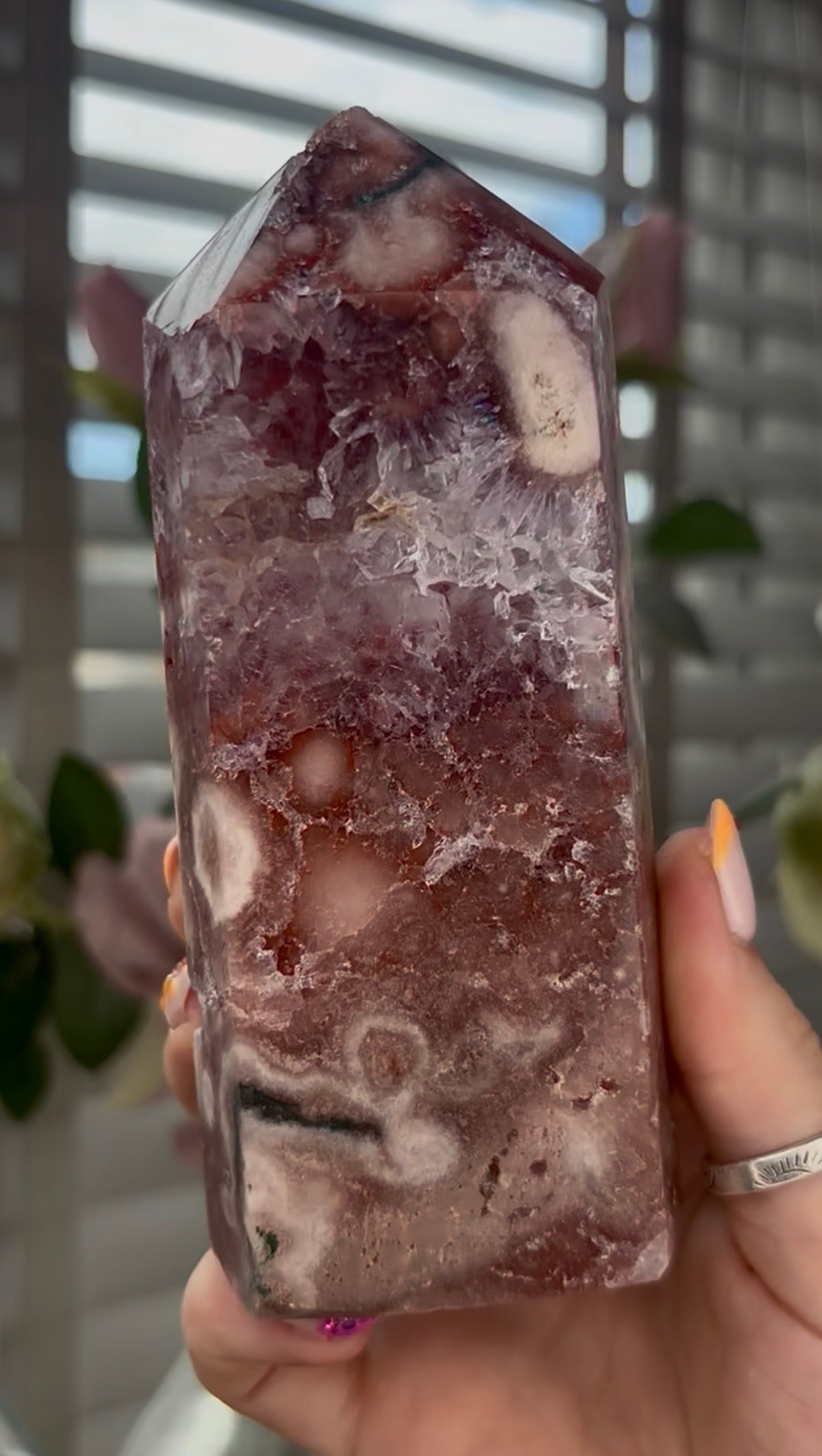 Beautiful, high quality, Pink amethyst tower with Green jasper
