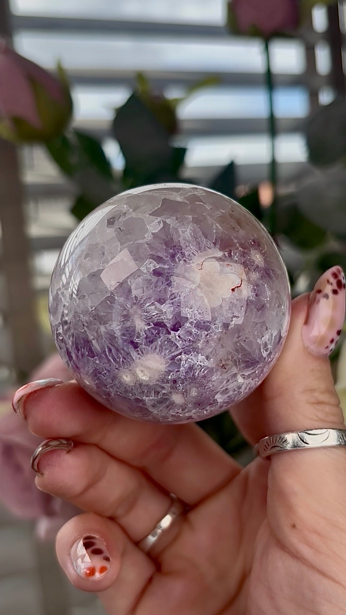 High grade, amethyst Flower agate sphere with druzy quartz- 5.5cm