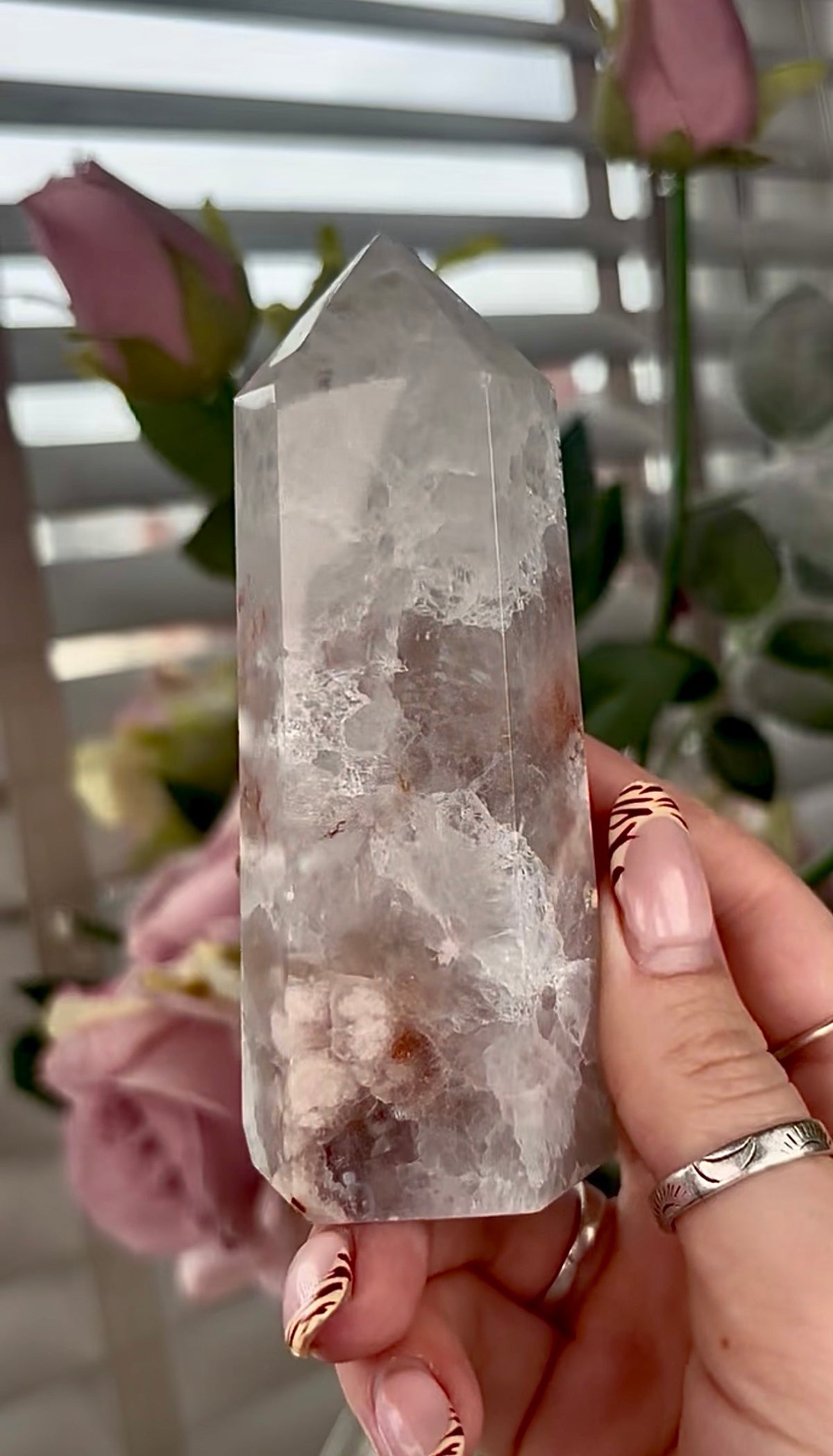 Stunning!! Super high quality, Druzy, green chlorite x blue flower agate tower