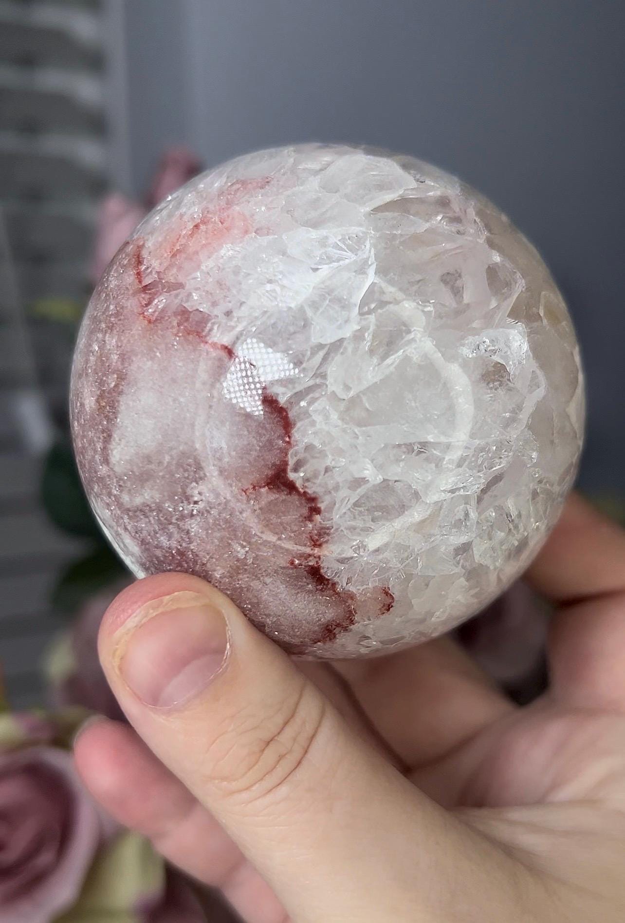 High grade, pink amethyst sphere with quartz 568g