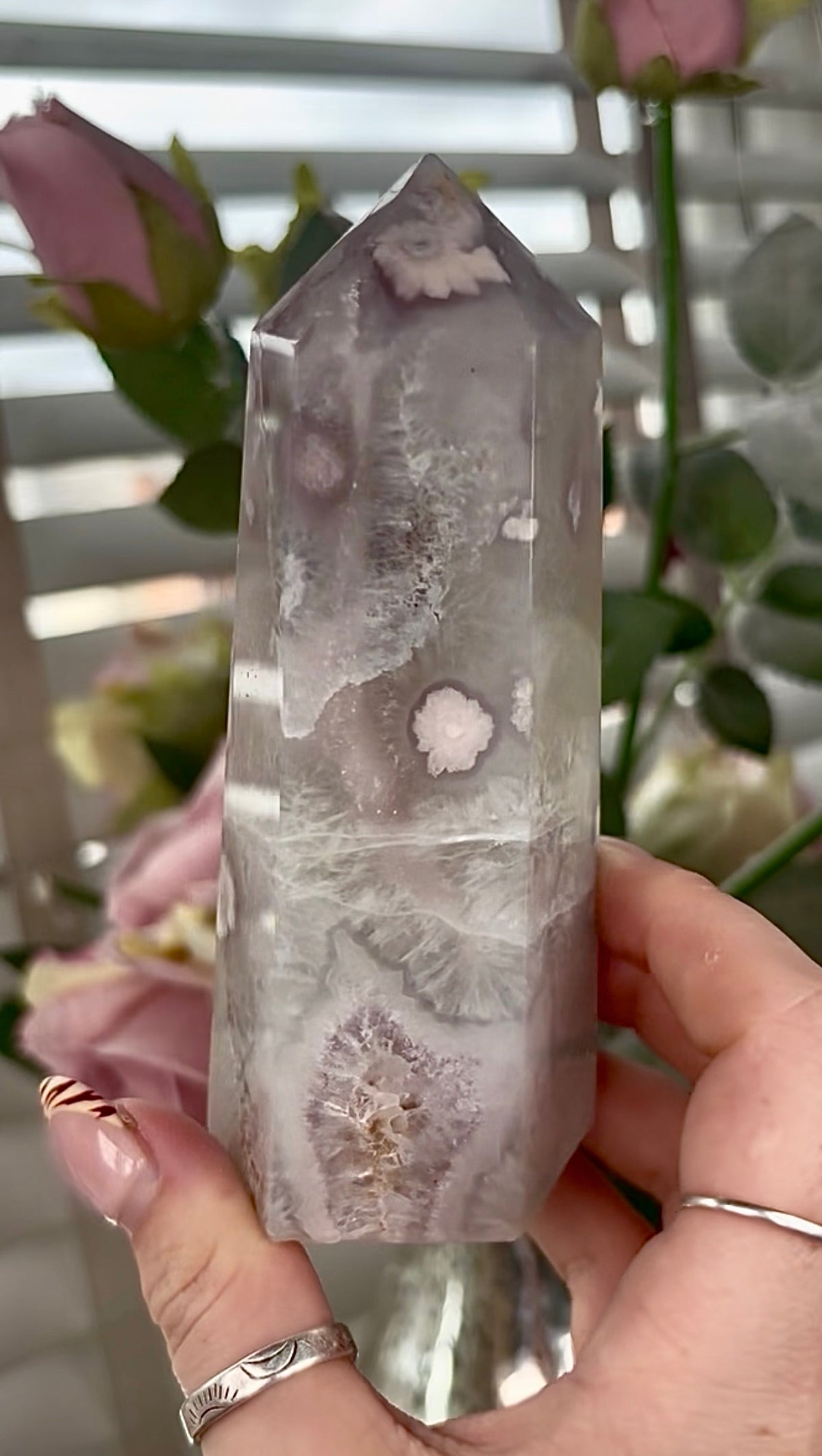 Stunning!! Super high quality, Druzy, green chlorite x blue flower agate tower