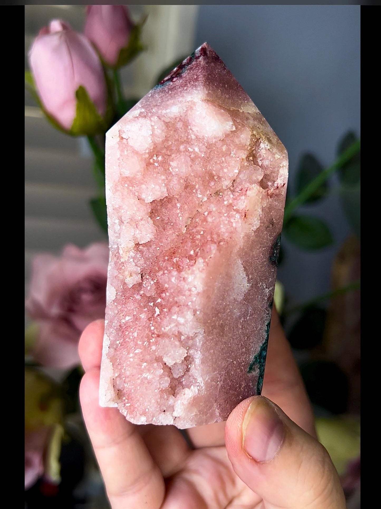 High grade, baby pink amethyst, sugar druzy tower with green jasper