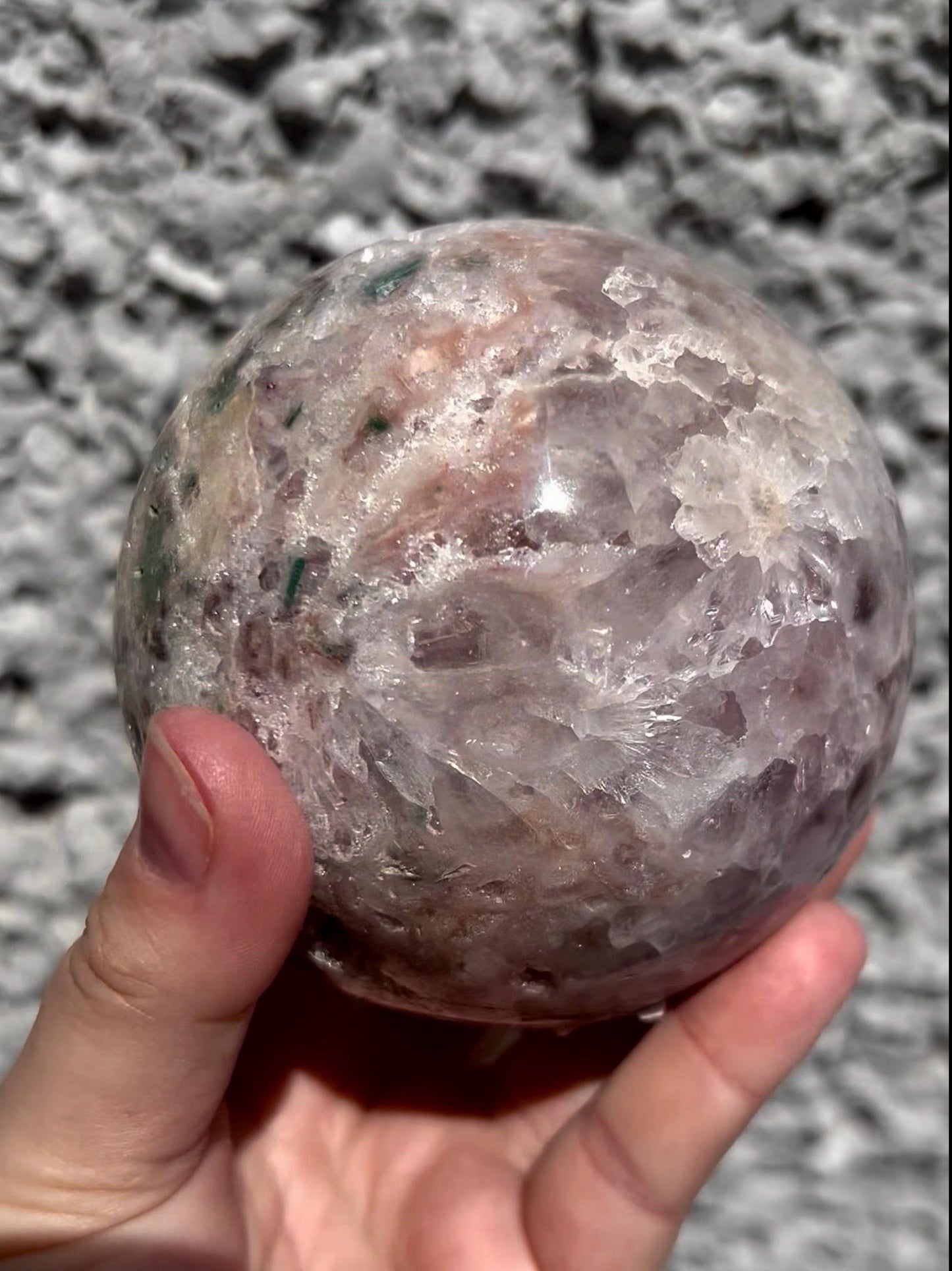 large, statement pink amethyst sphere with purple quartz ,jasper & sugar druzy with amazing quartz points