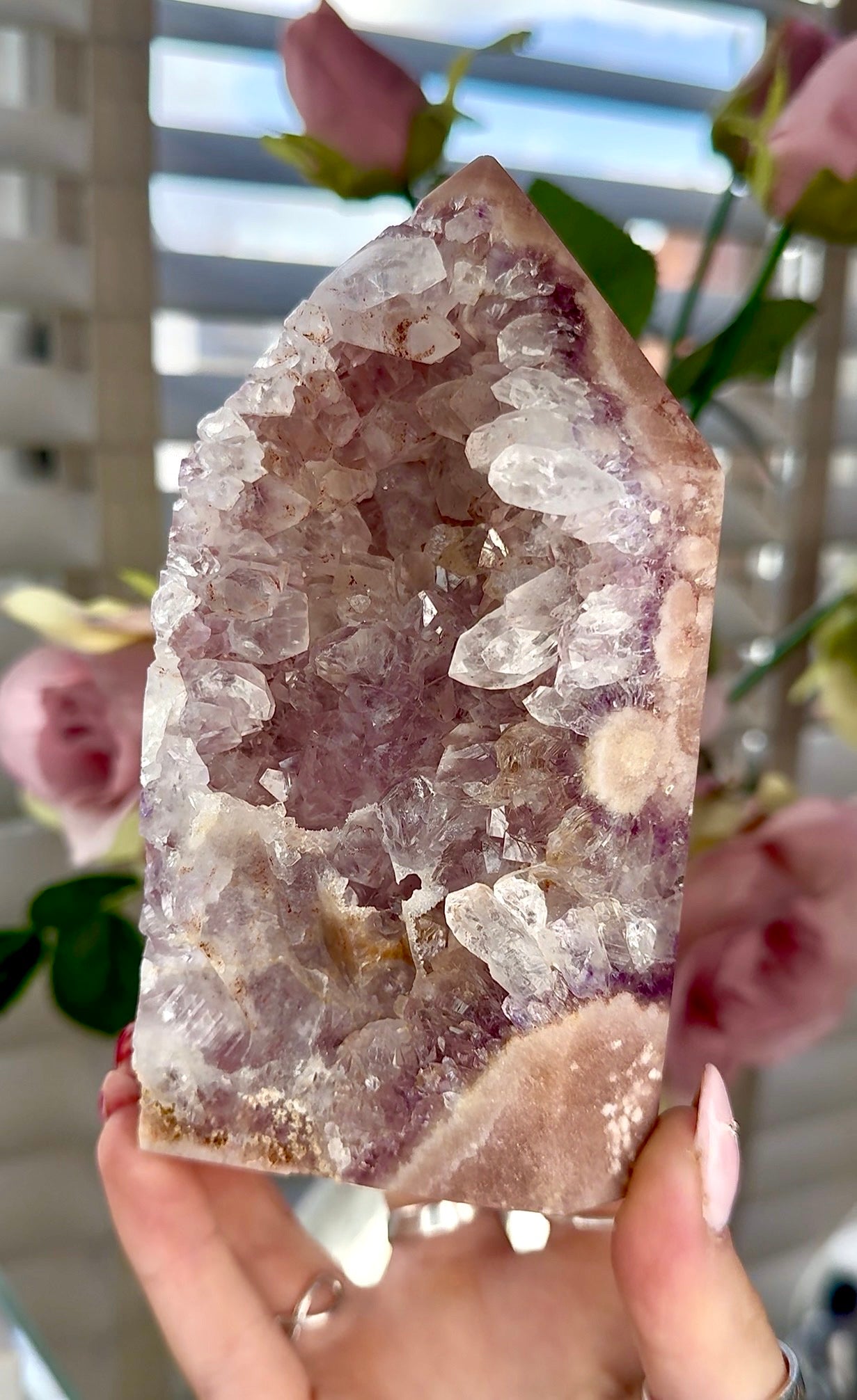 Pink amethyst tower with quartz 14cm(h) 7cm(w)