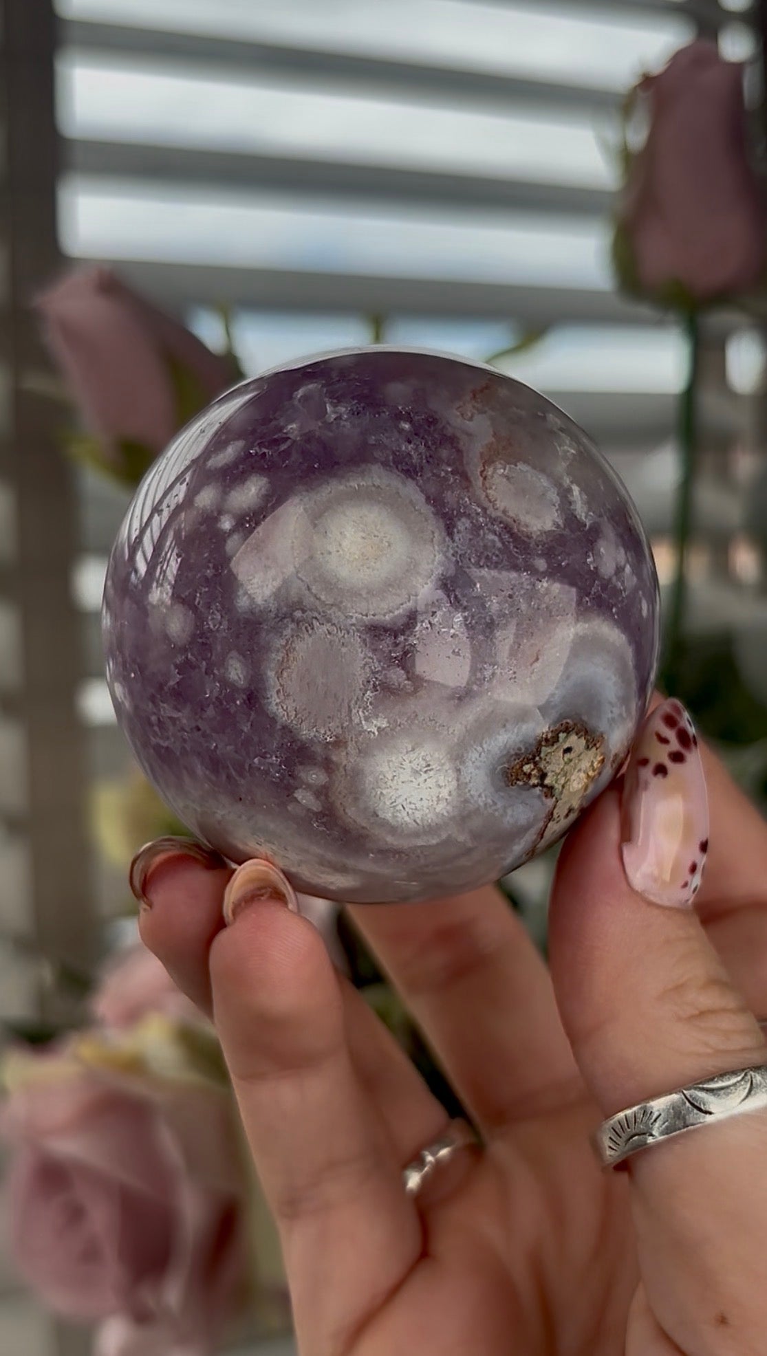 High grade, amethyst Flower agate sphere