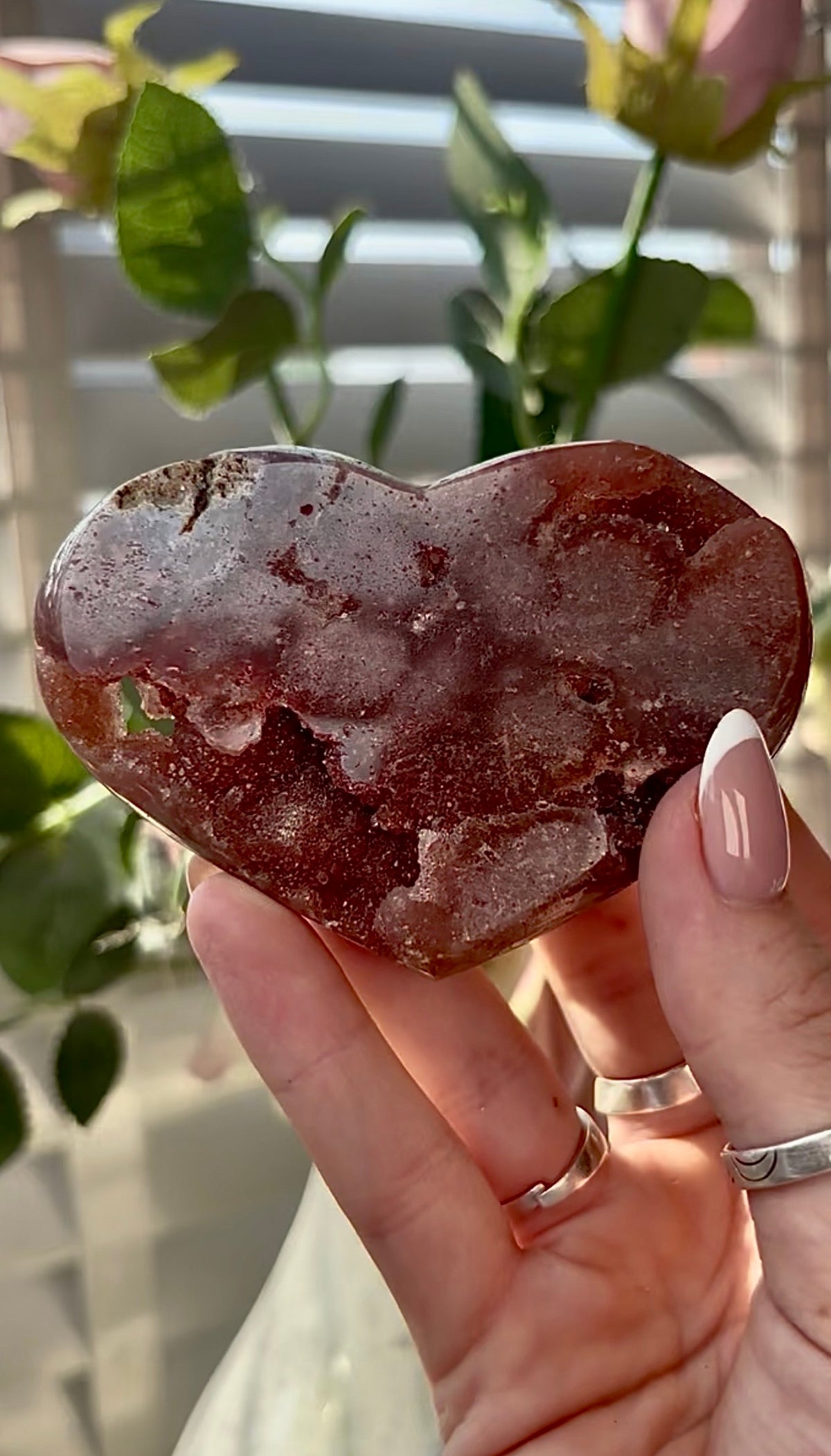 Gorgeous, high quality, berry red pink amethyst heart- comes with stand