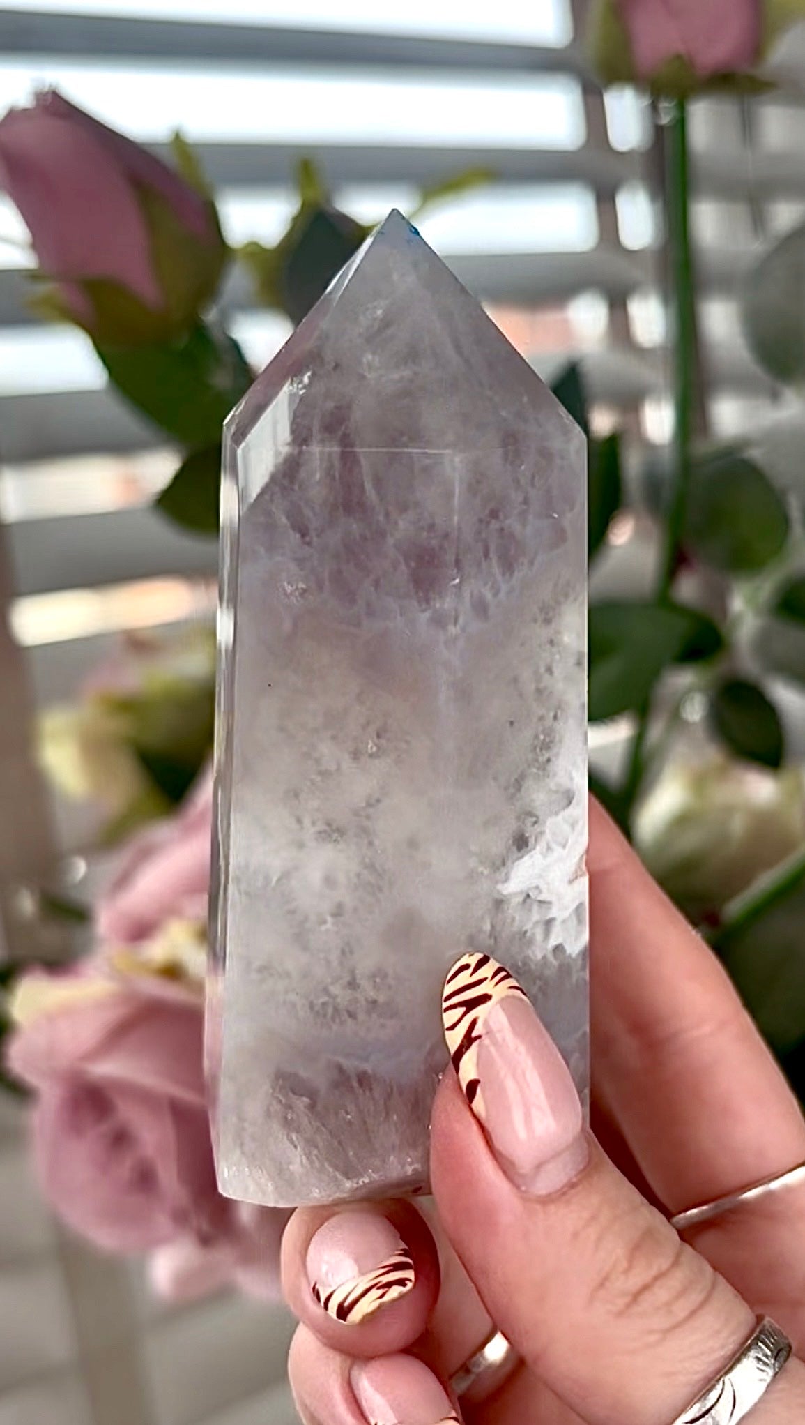 Stunning!! Super high quality, Druzy, green chlorite x blue flower agate tower