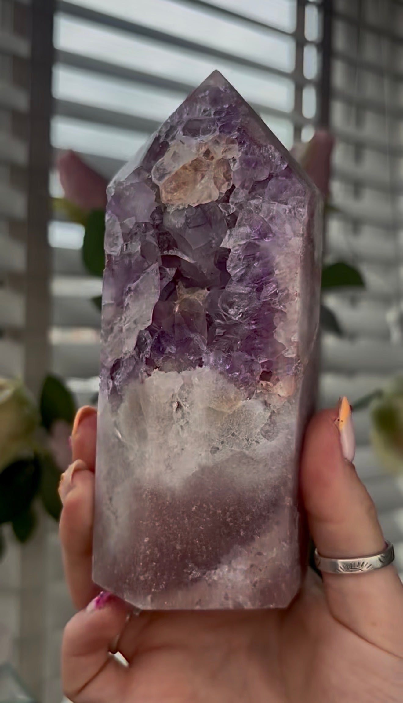High quality, Pink amethyst tower, with purple quartz druzy