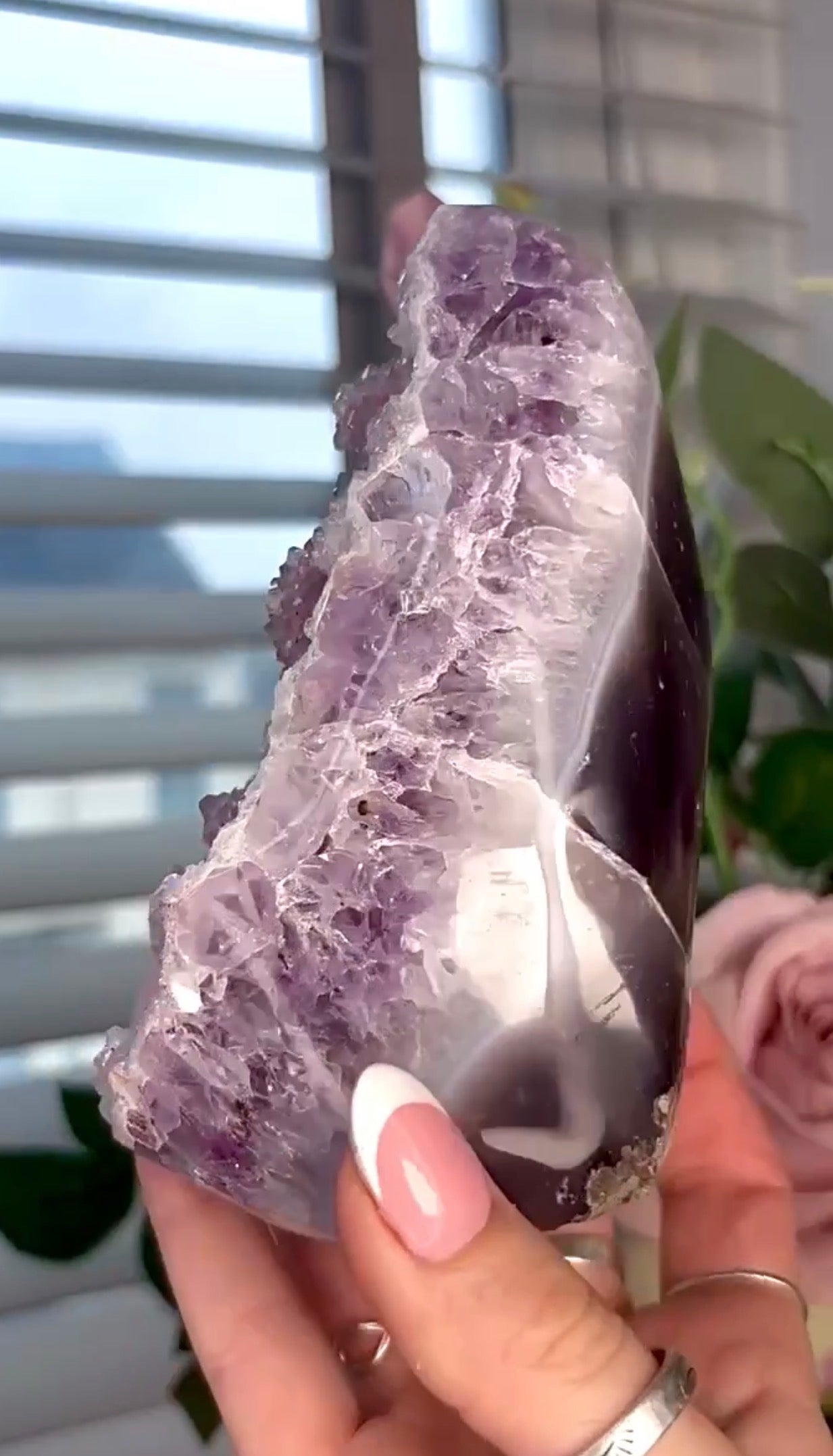 High quality, pink toned, rainbow amethyst on purple agate, cutbase