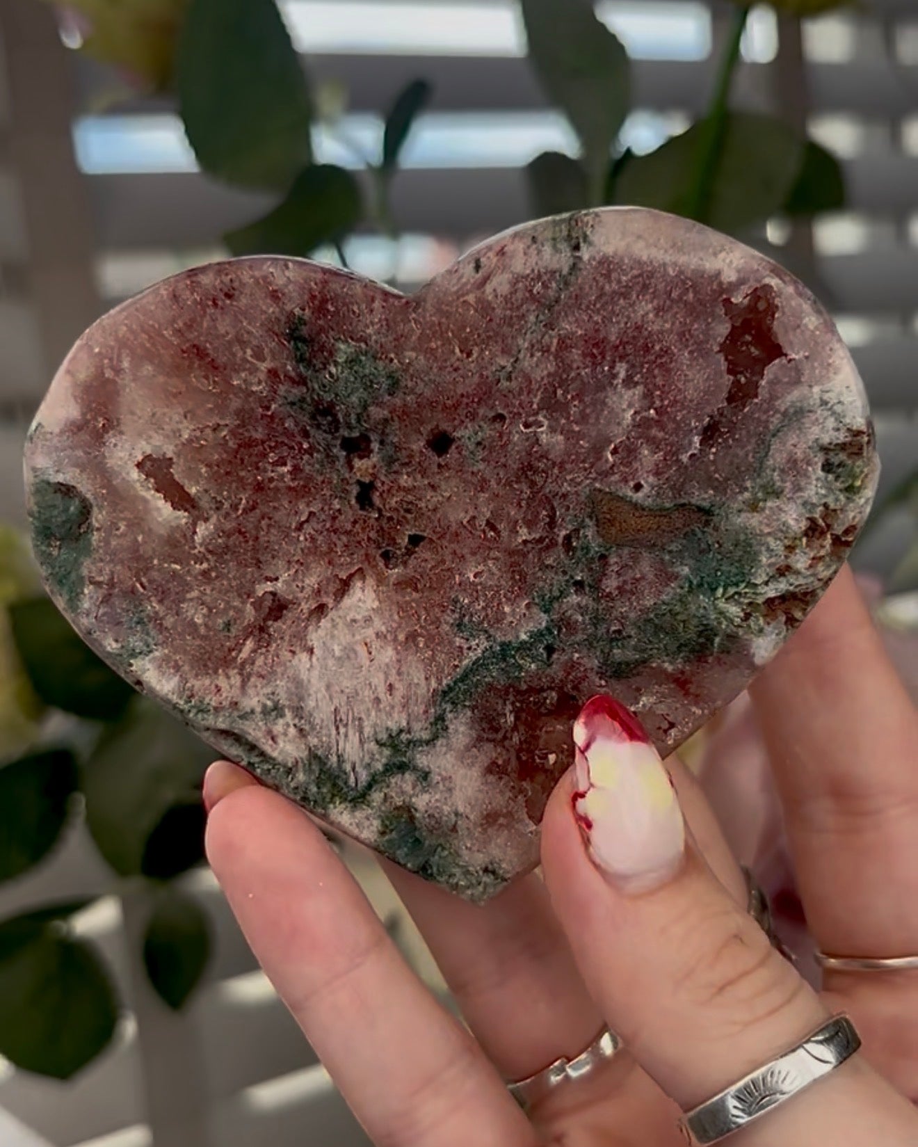 Beautiful pink amethyst heart with green Jasper  - comes with stand (9.5cm)