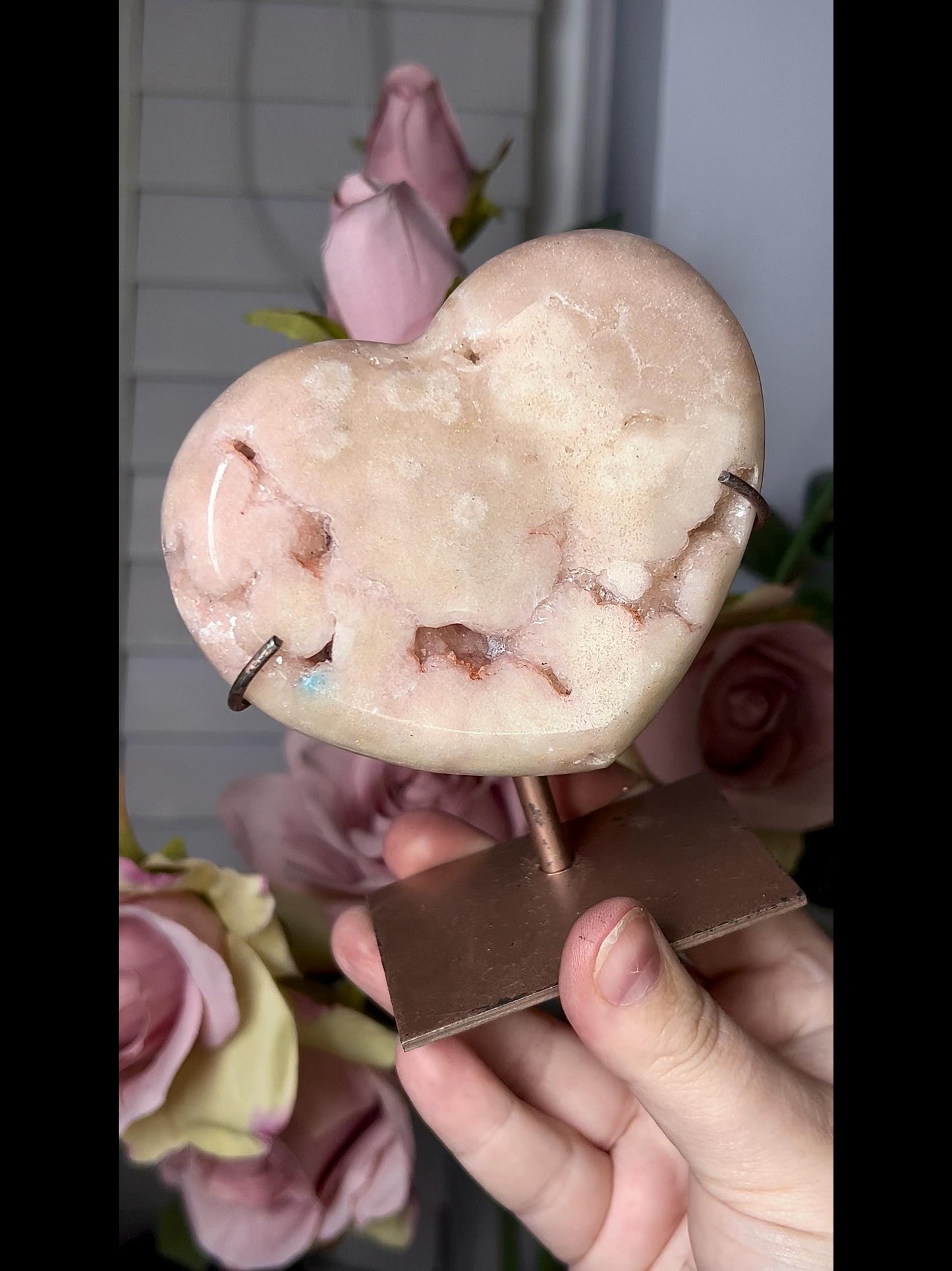 pink amethyst heart comes with stand that is scratched (discount added)