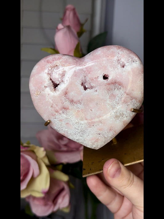 Beautiful, pink amethyst heart in peach tones with stand that is scratched (discount added)