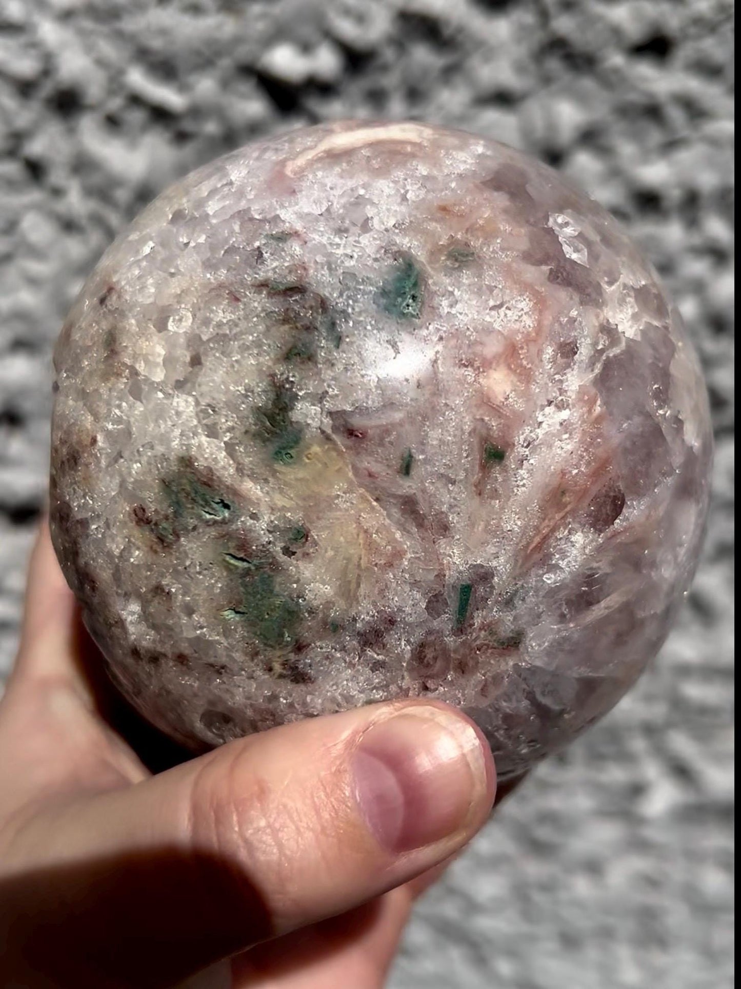 large, statement pink amethyst sphere with purple quartz ,jasper & sugar druzy with amazing quartz points