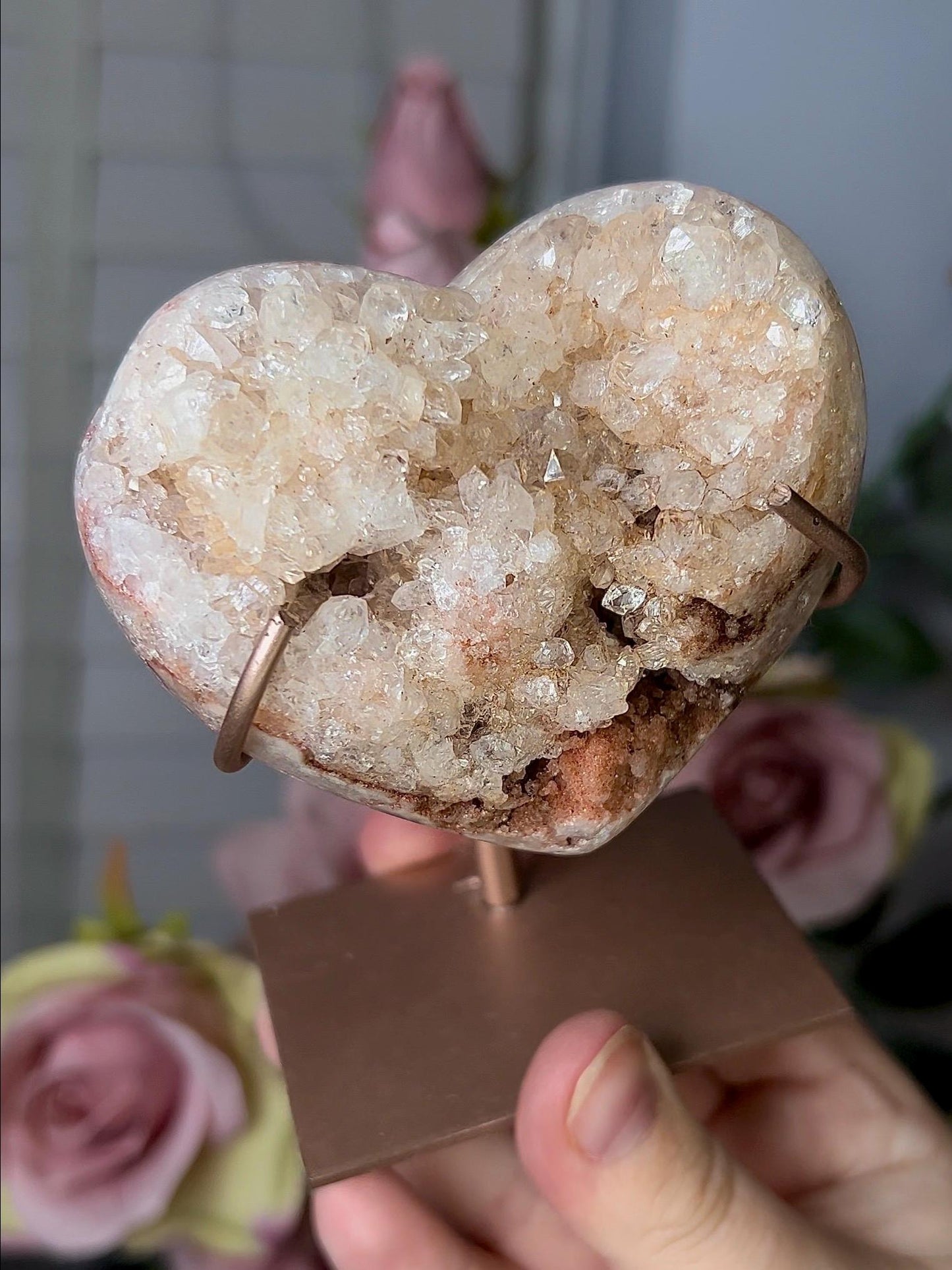 Pink amethyst heart with a high clarity quartz with stand