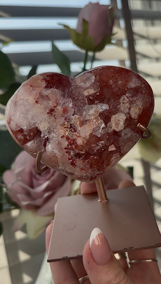 Gorgeous, high quality, pink amethyst heart with Jasper - comes with stand