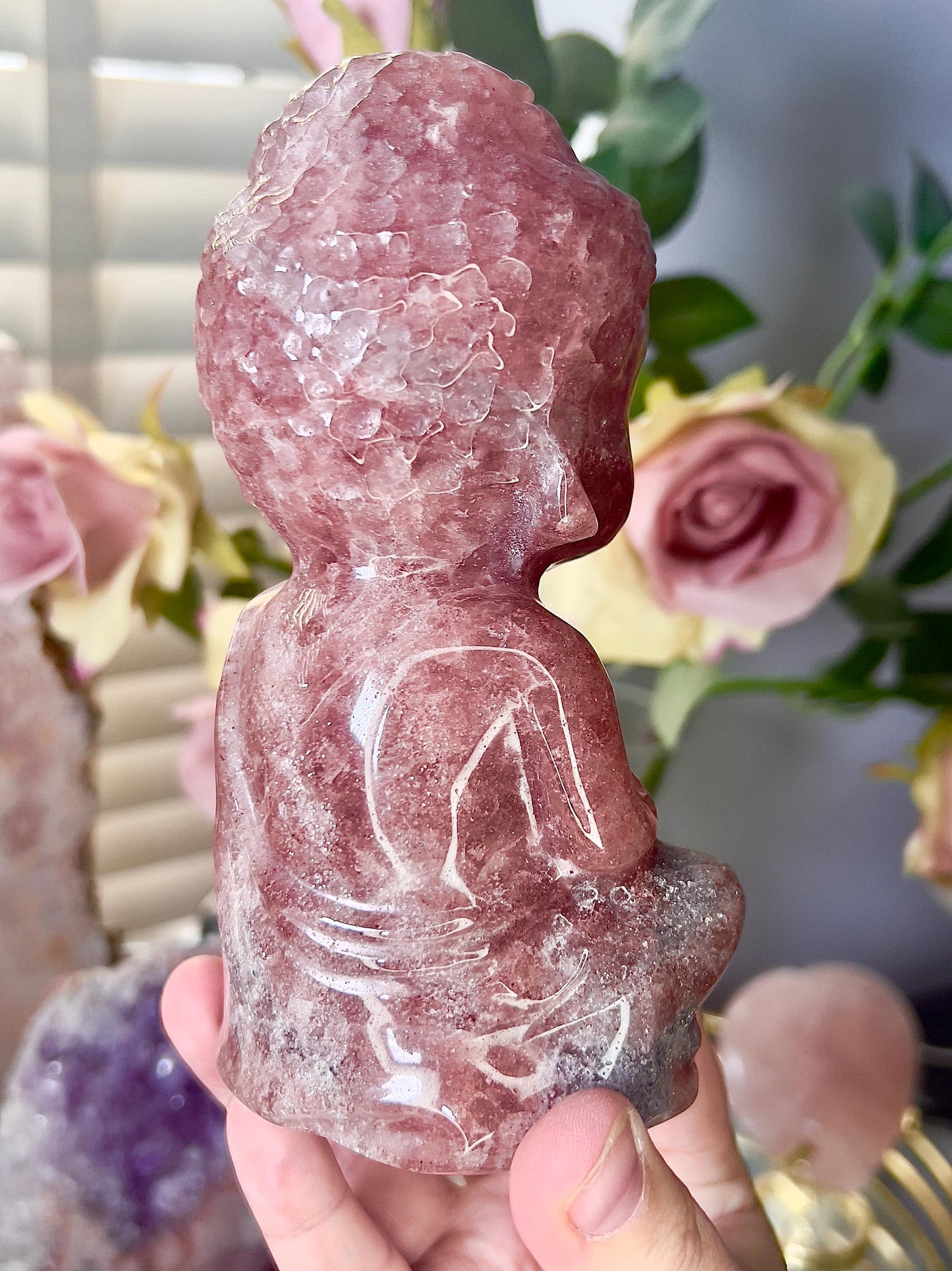 Large, high quality, Strawberry quartz, baby buddah