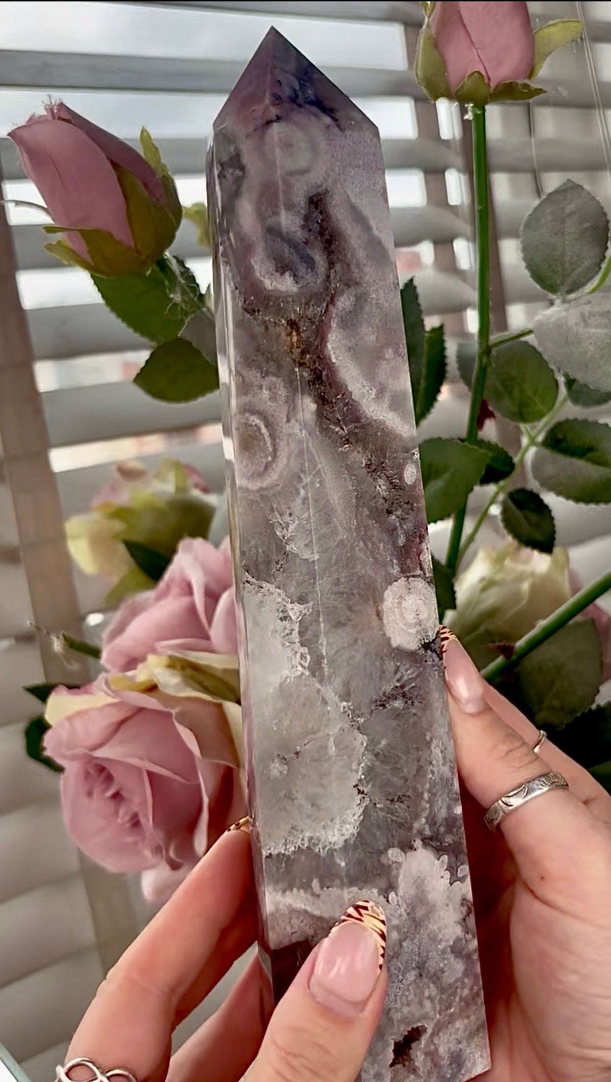 Stunning!! Super high quality, Druzy, green chlorite x blue flower agate tower