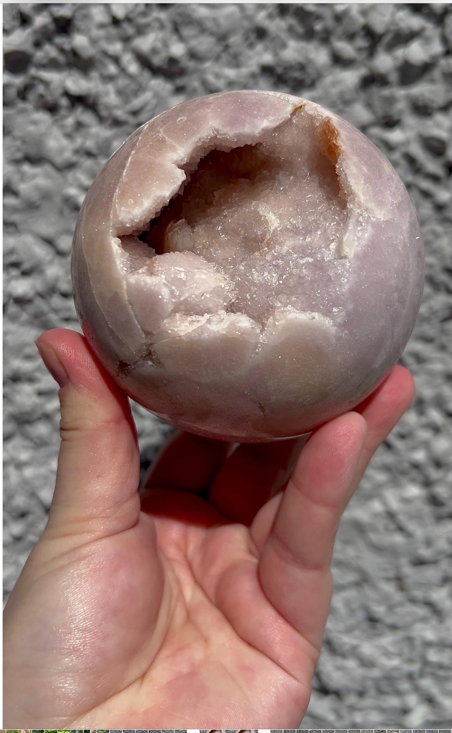 large, perfect baby pink amethyst sphere with sugar druzy cave and jasper 895g