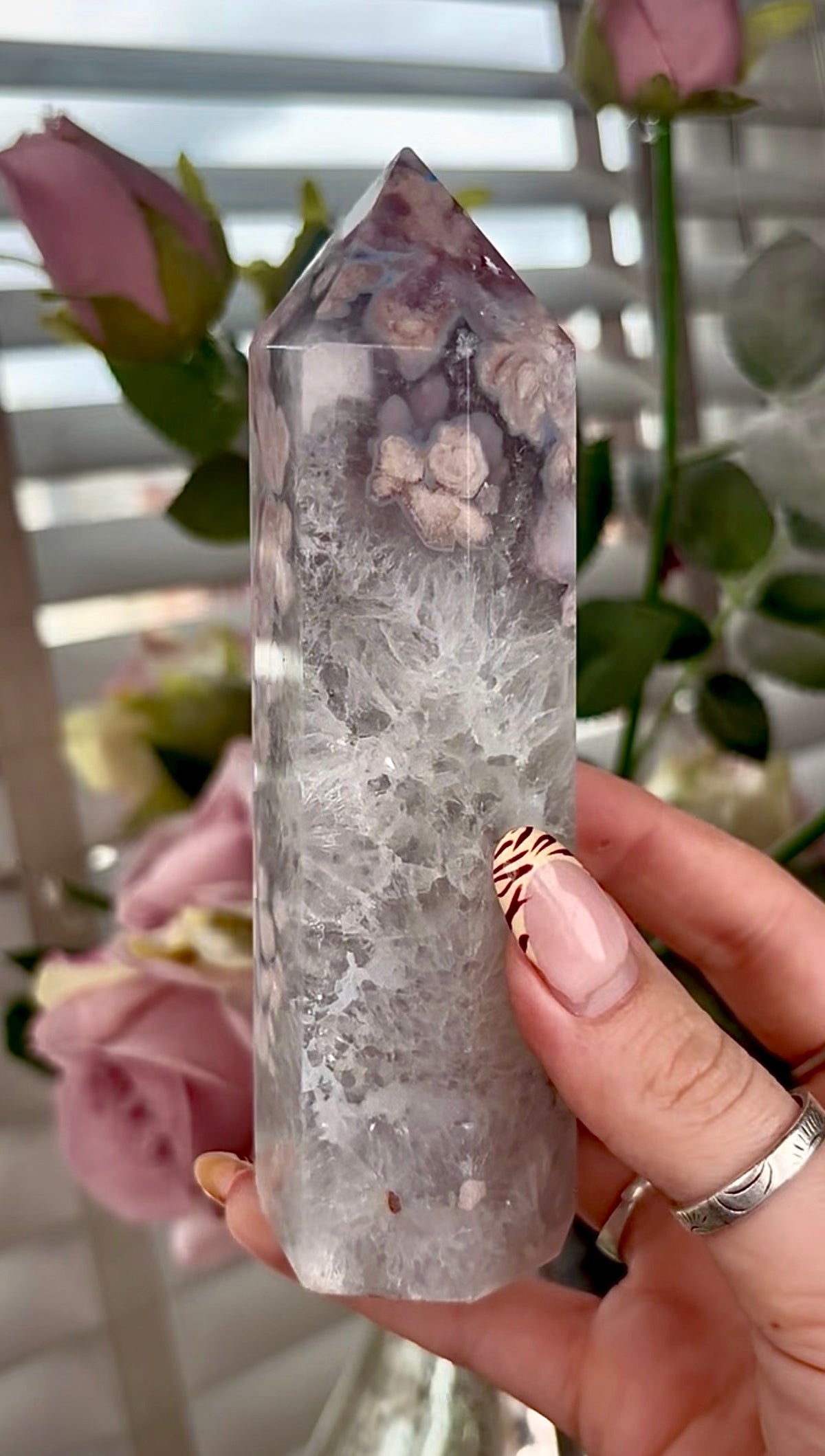 Stunning!! Super high quality, Druzy, green chlorite x blue flower agate tower