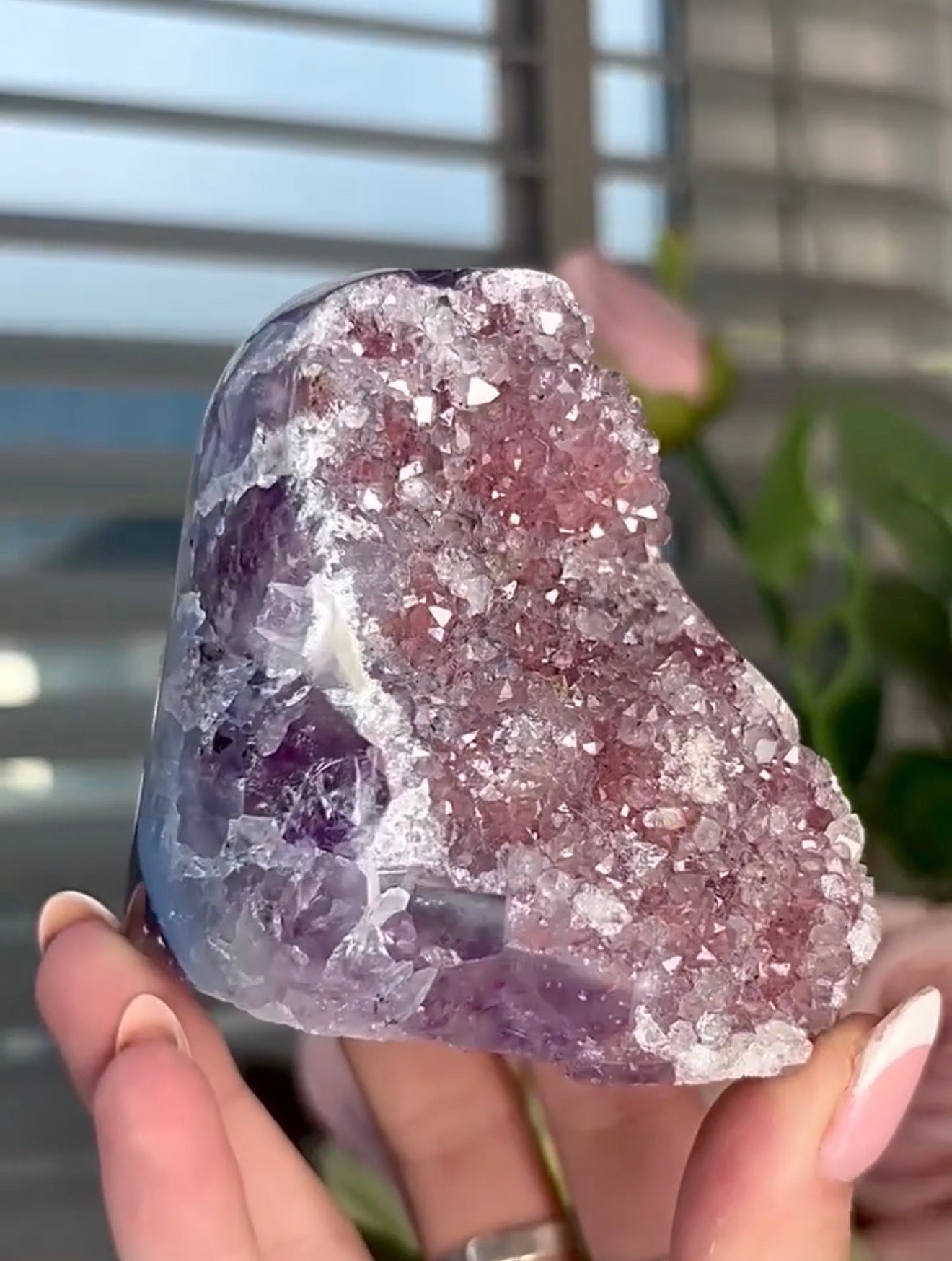 Light Pink rainbow amethyst on a purple & blue agate base