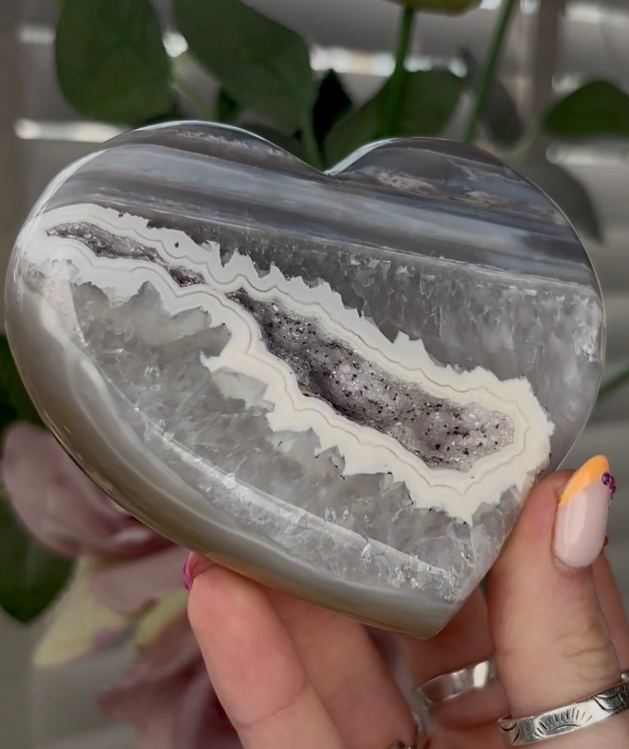 Beautiful, high grade, blue banded agate heart with druzy - stand included
