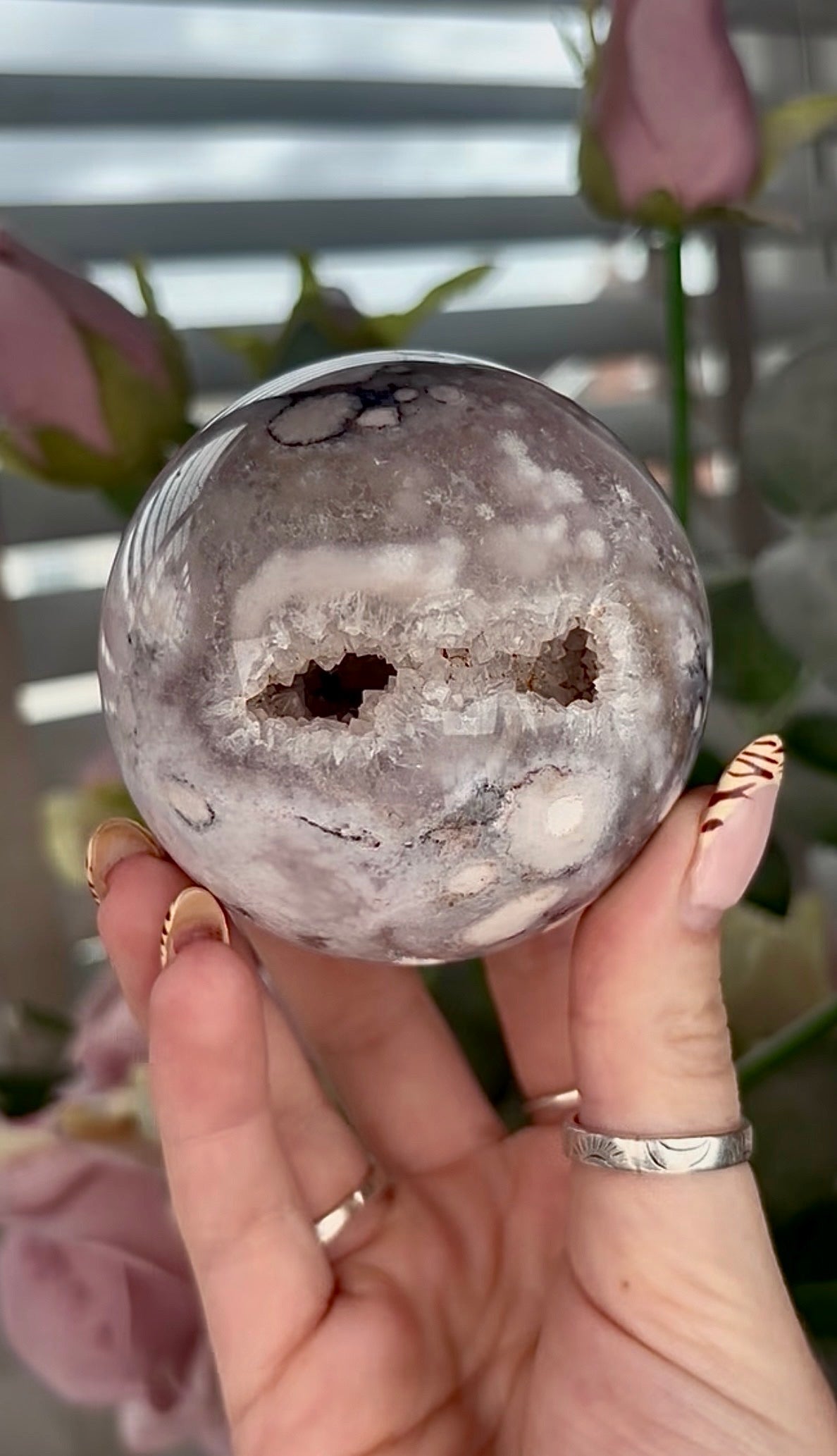 Stunning!! Super high quality, Druzy, green chlorite x blue flower agate sphere