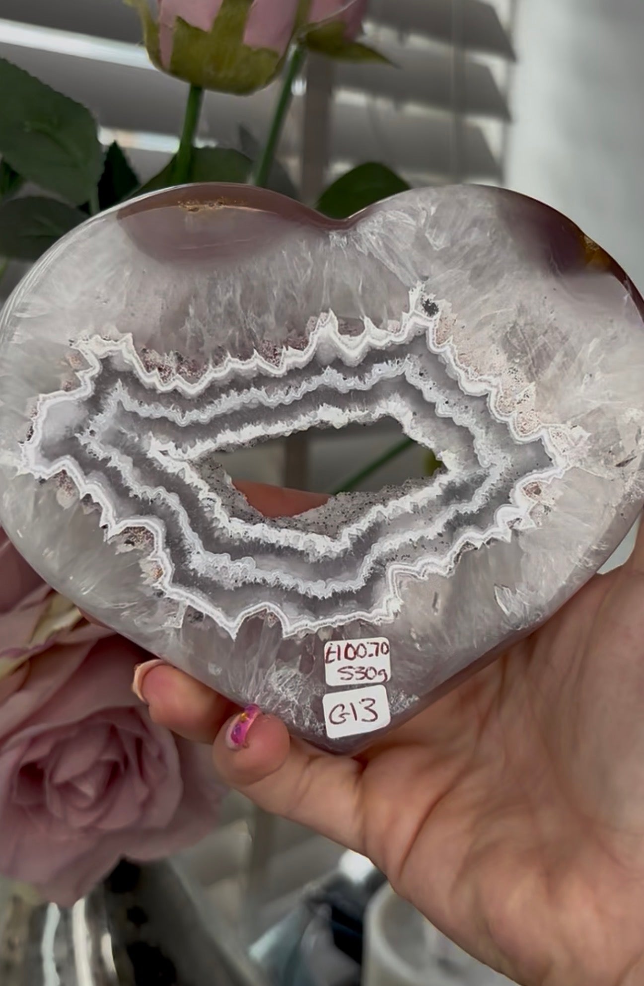 Beautiful, high grade, banded agate heart with druzy - stand included