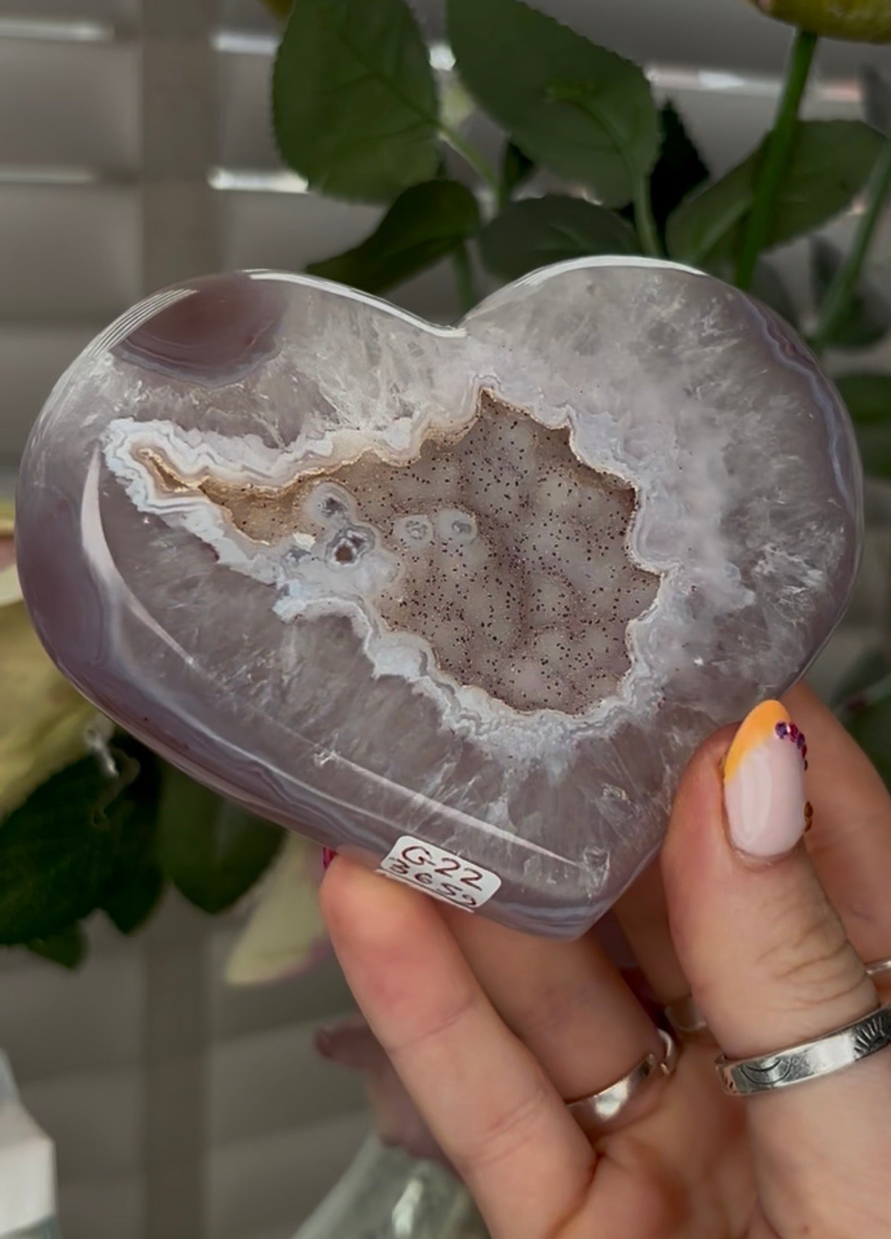 Beautiful, high grade, agate heart with druzy - comes with stand