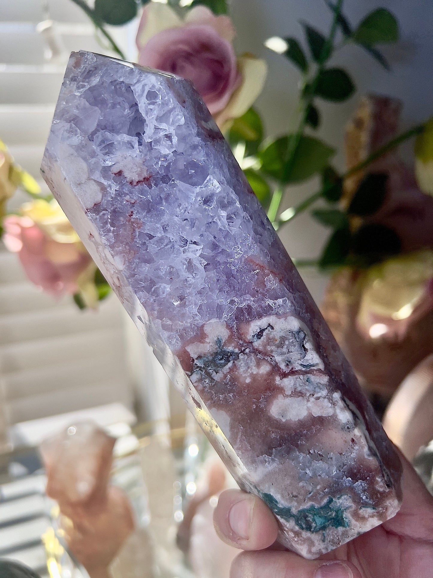 High grade, pink amethyst tower with purple quartz