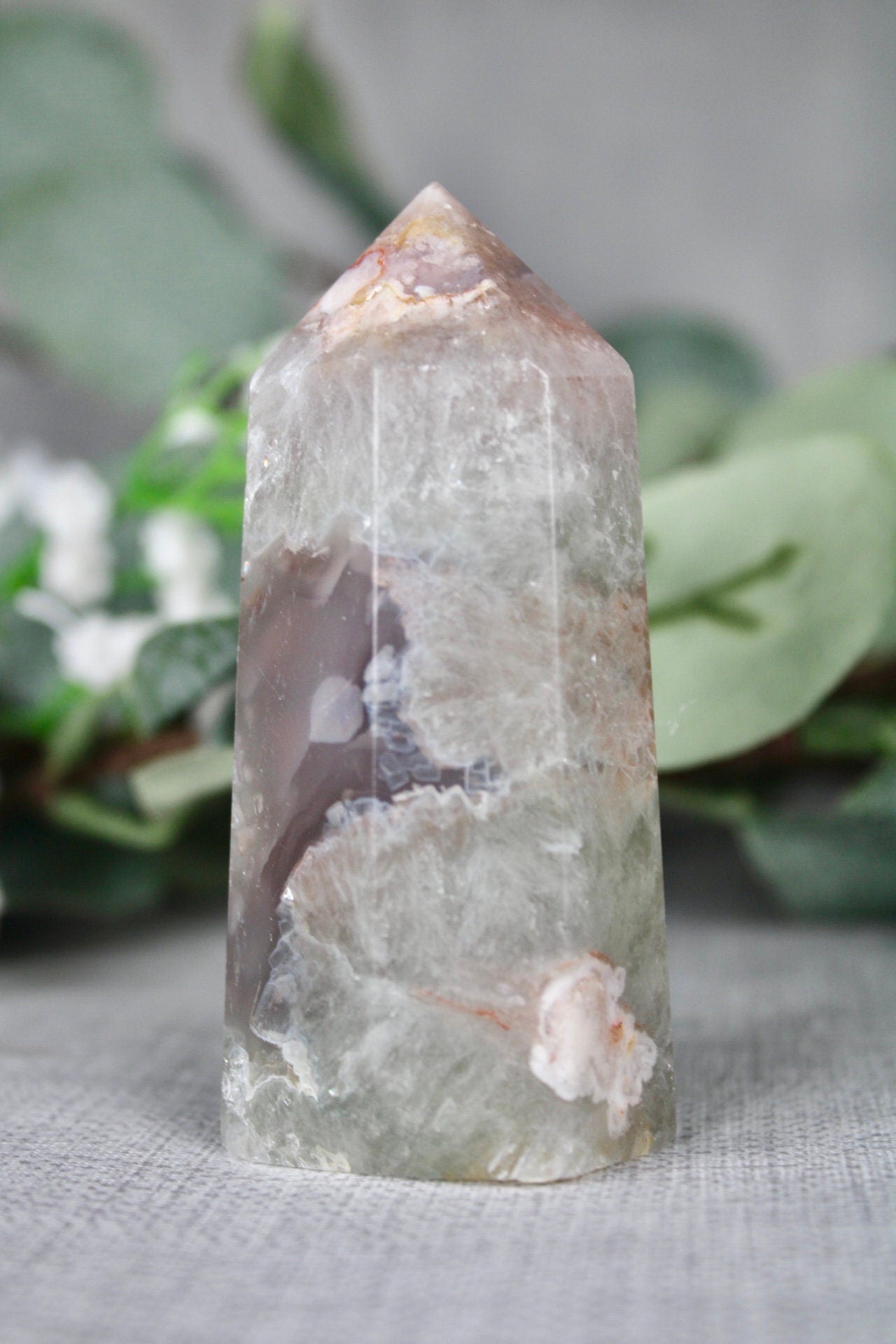 Chlorite flower agate, 6 sided, polished tower 145g 8cm