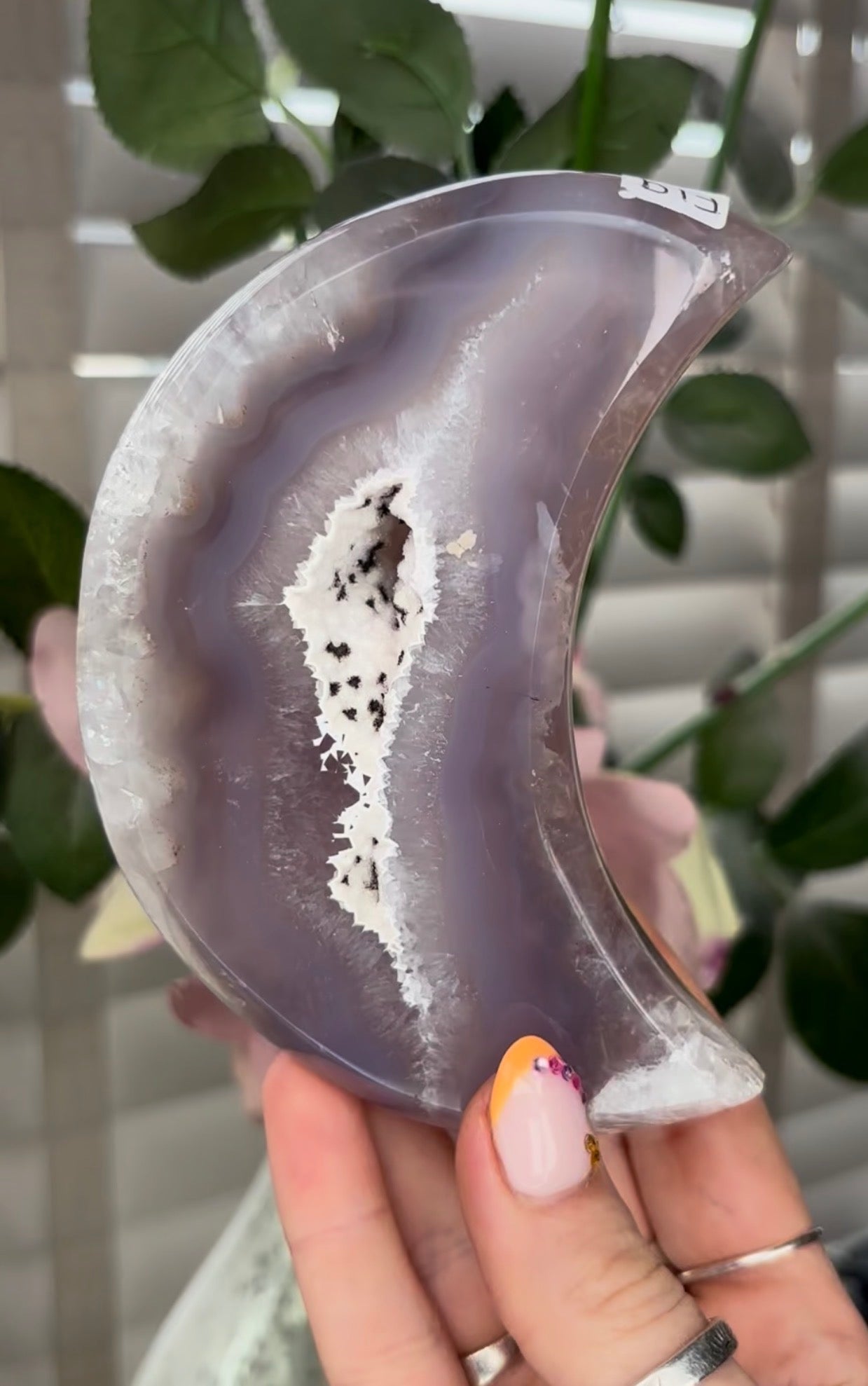 Beautiful, high grade, agate moon with druzy - comes with stand