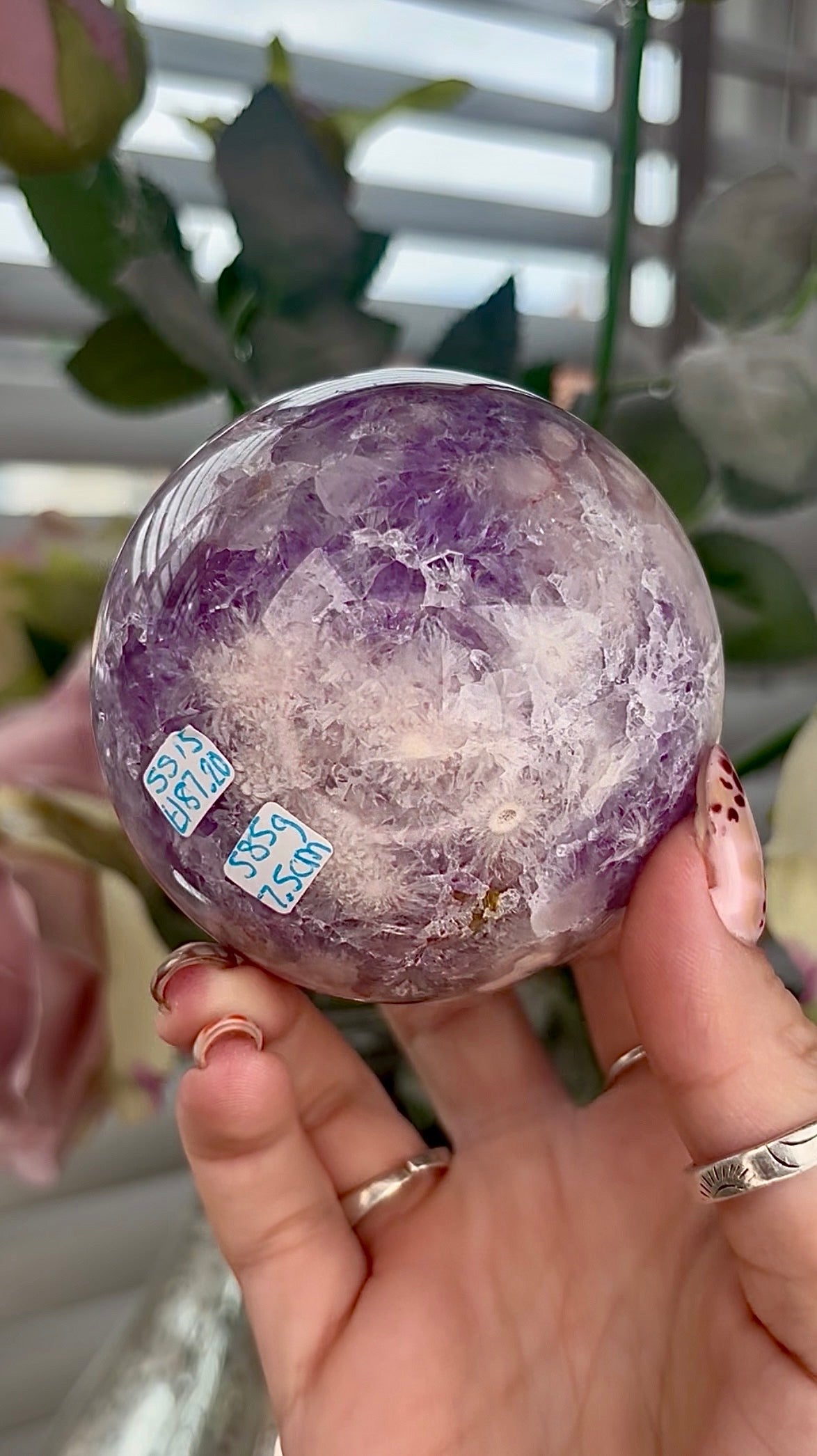 High grade, Amethyst Flower agate sphere 7.5cm 585g
