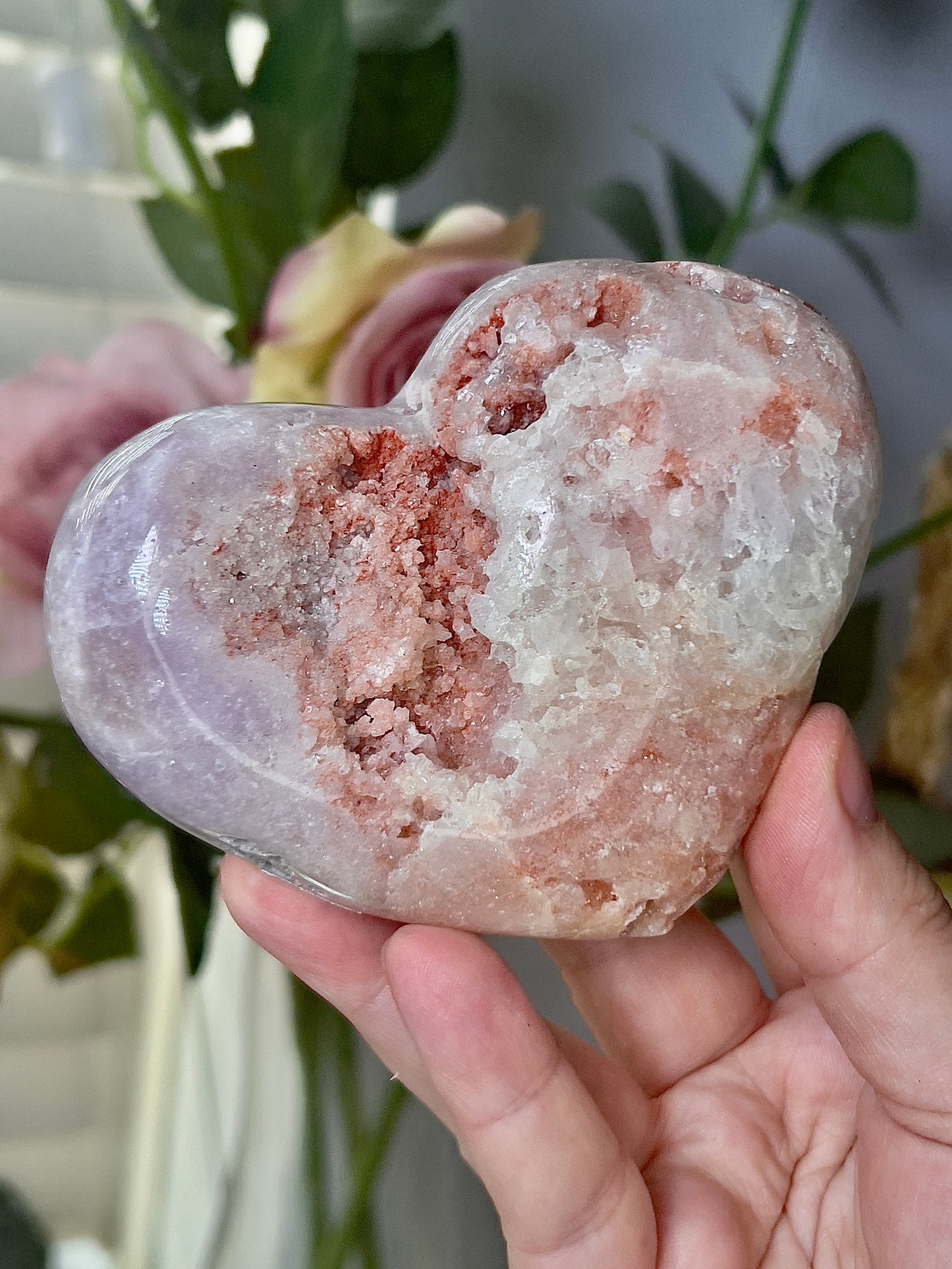 Chunky, druzy, pink amethyst heart - comes with stand