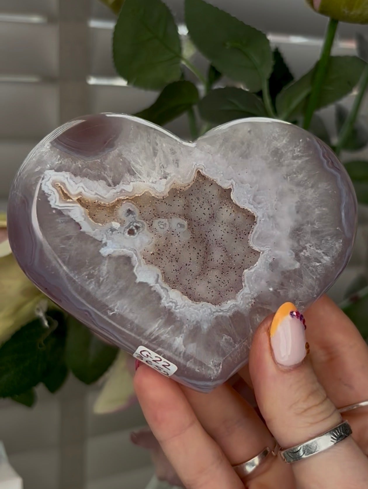 Beautiful, high grade, agate heart with druzy - comes with stand