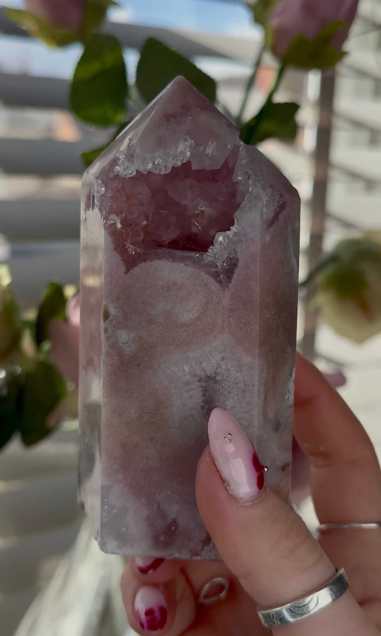 Pink amethyst tower with quartz 12cm(h) 6cm(w)