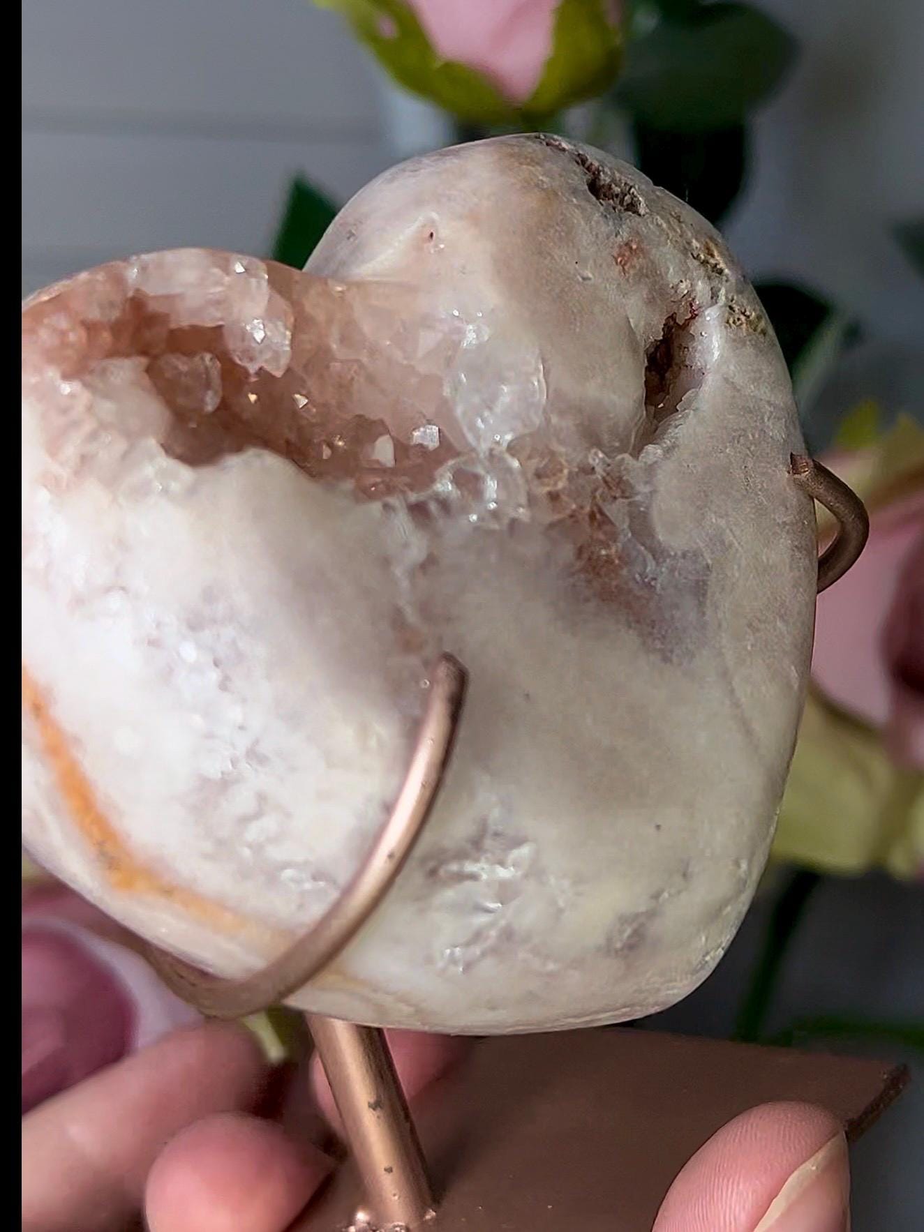 Beautiful, pink amethyst heart in peach tones with stand