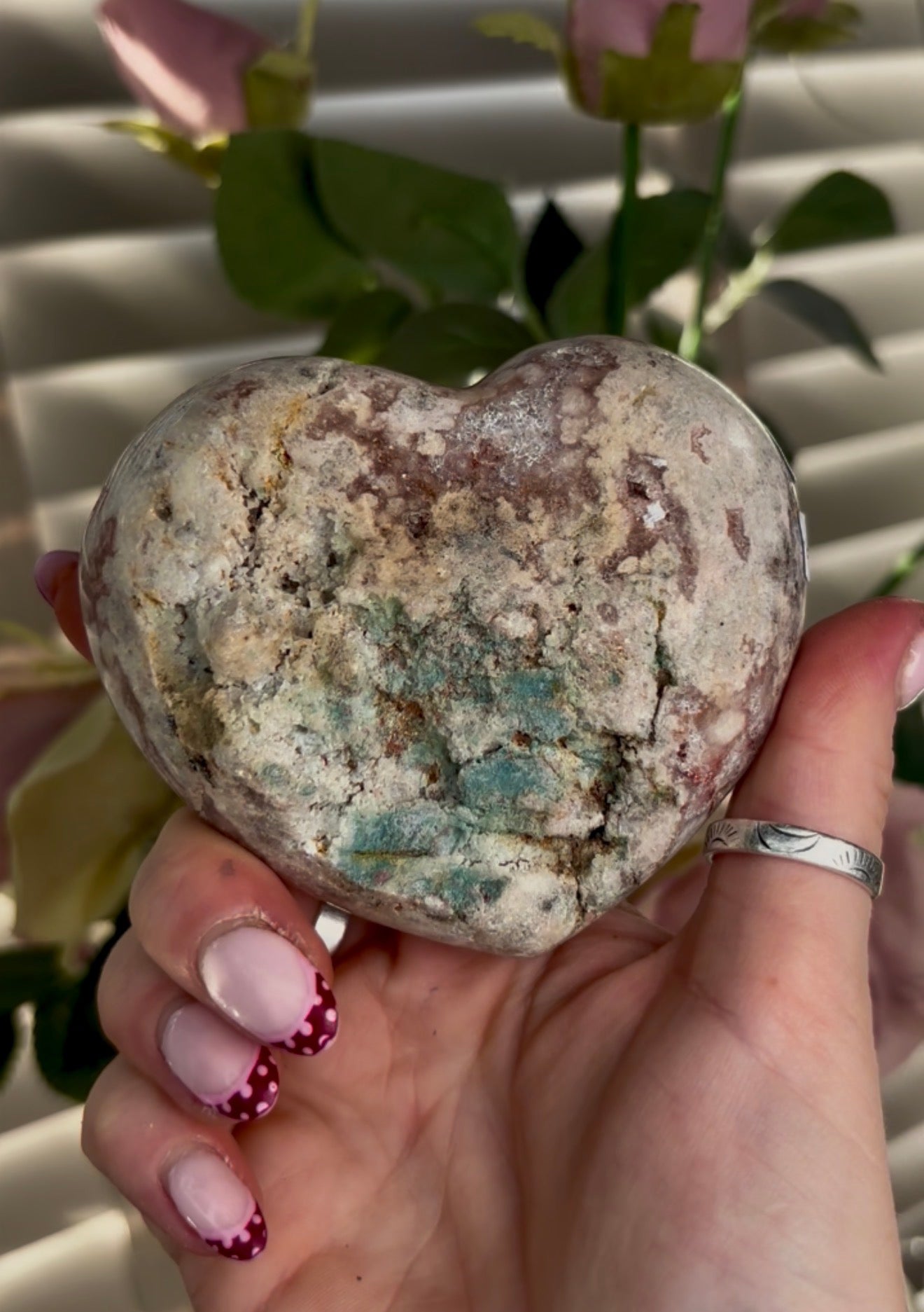 pink amethyst heart with quartz Druze- comes with stand