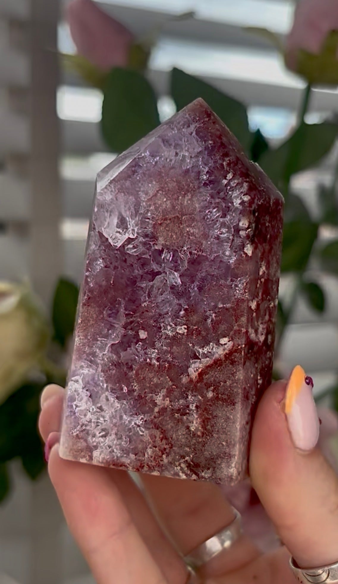 Pretty, high quality, Pink amethyst tower, with lilac quartz druzy