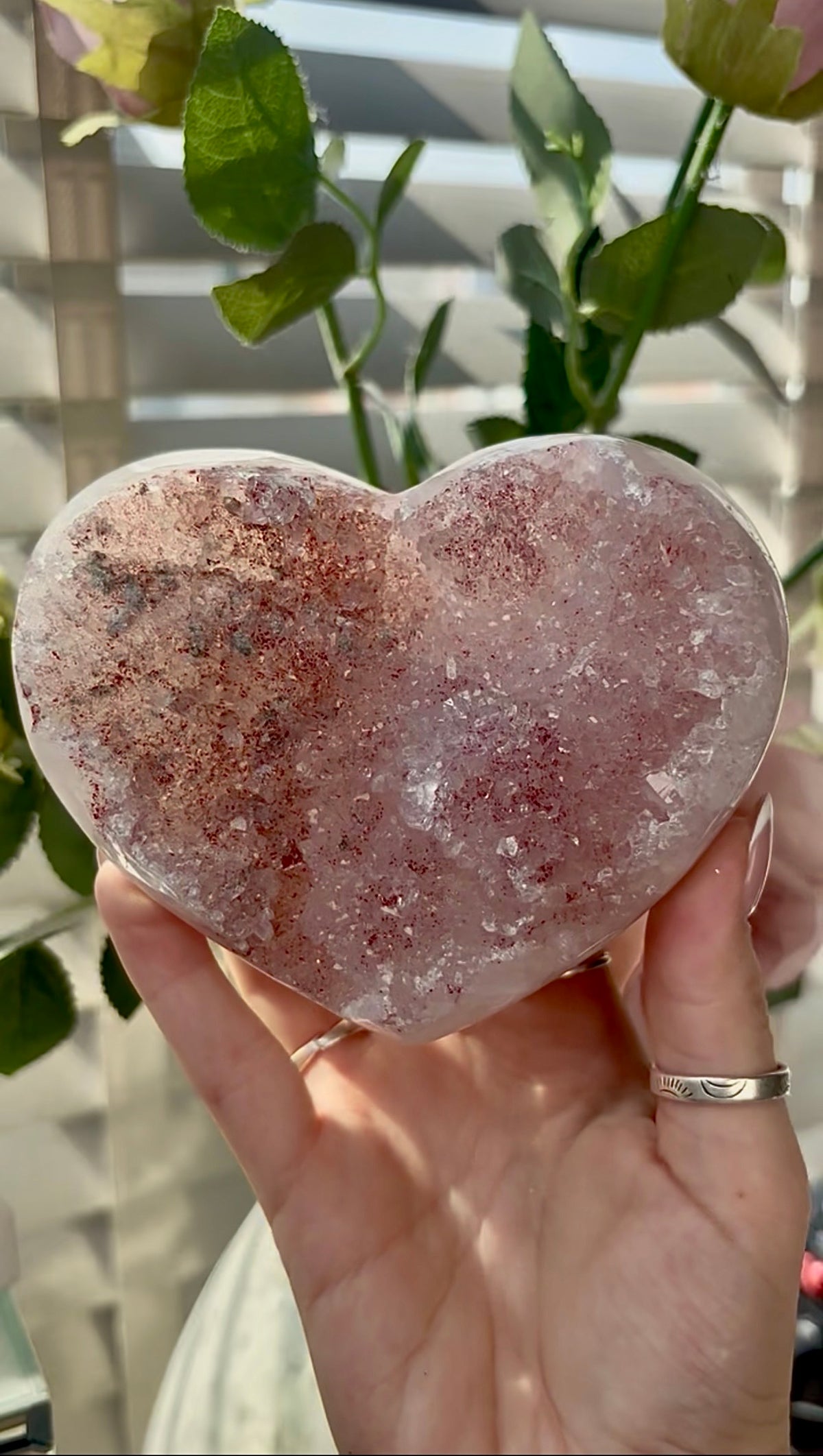 Gorgeous, pink amethyst heart- comes with stand
