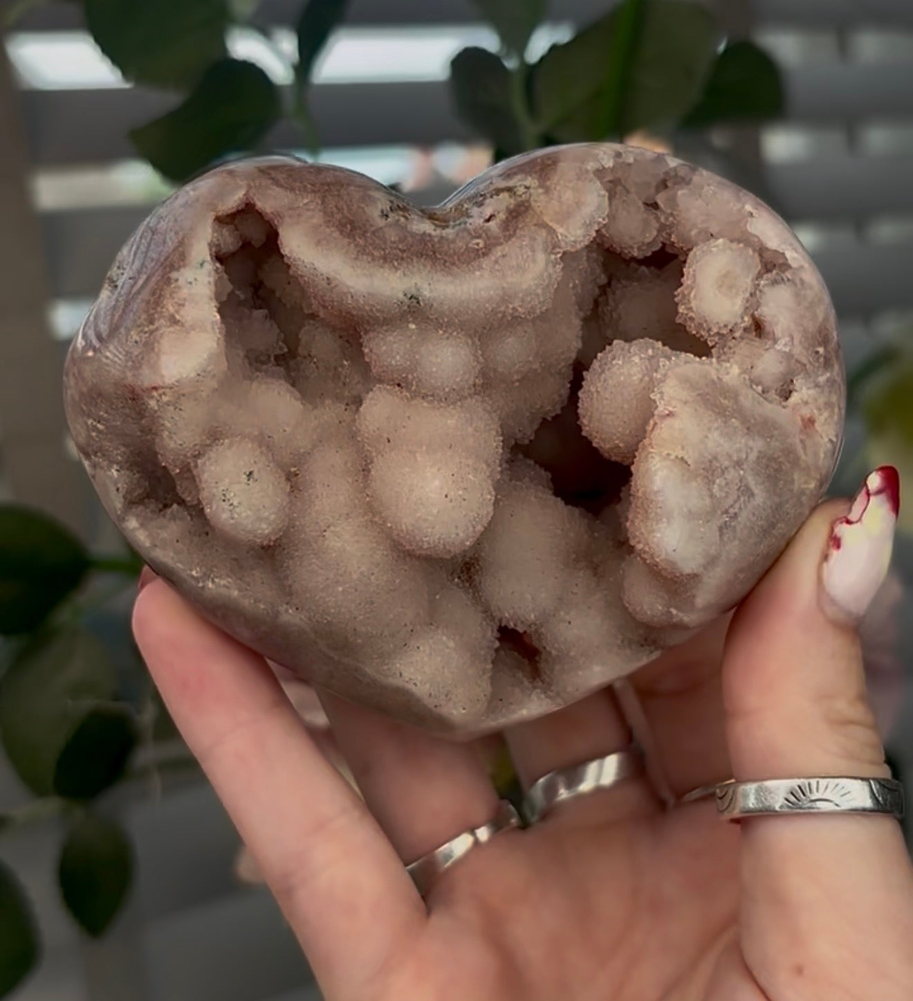 Chunky pink amethyst heart with bubble formations - comes with stand (9.6cm)