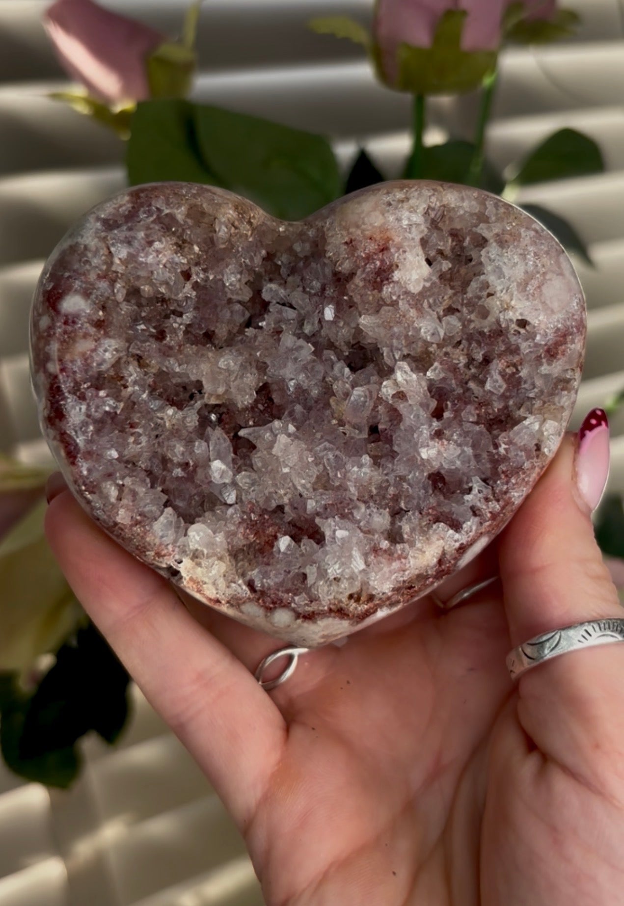 pink amethyst heart with quartz Druze- comes with stand