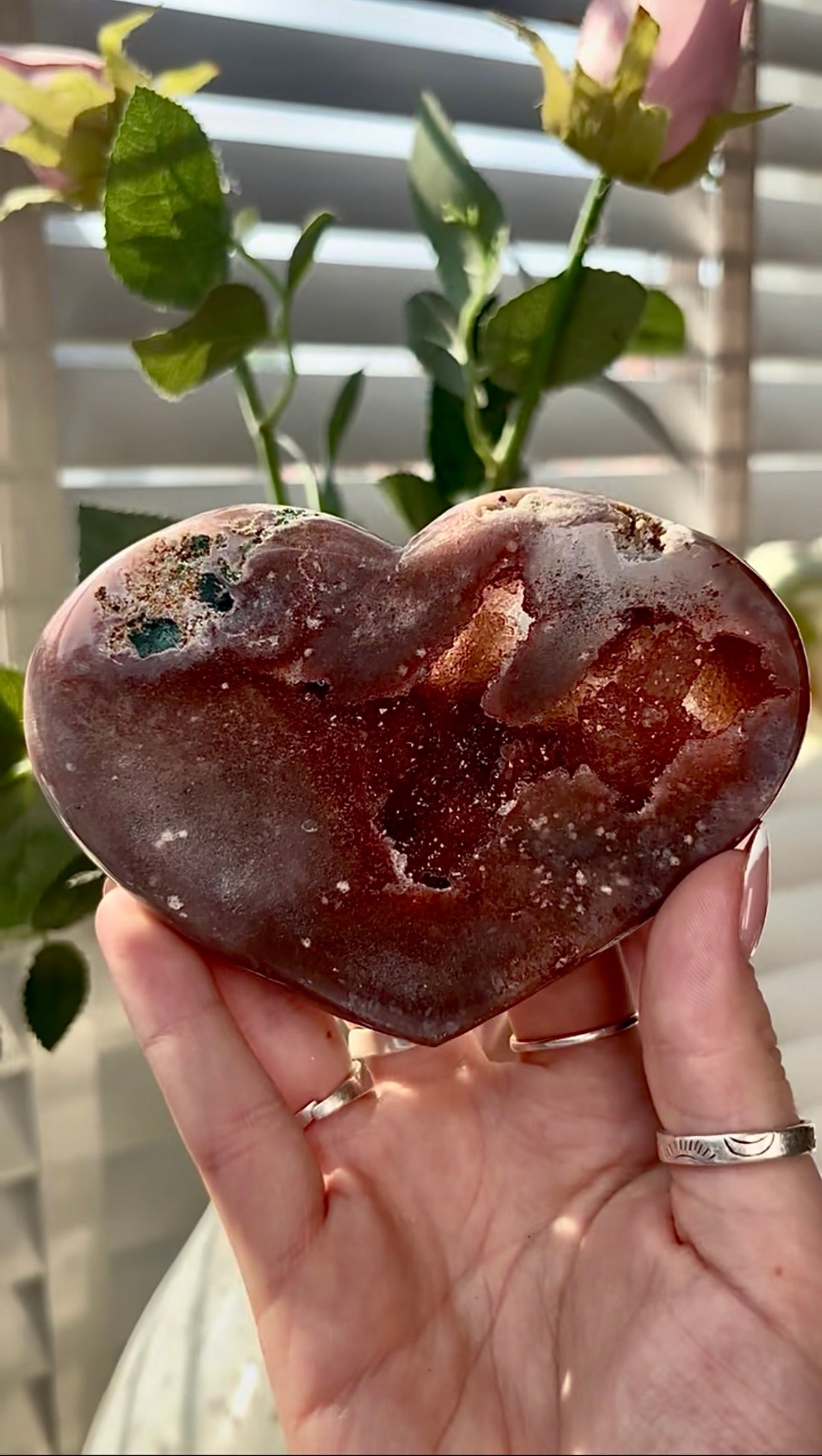 Gorgeous, high quality, berry red pink amethyst heart- comes with stand