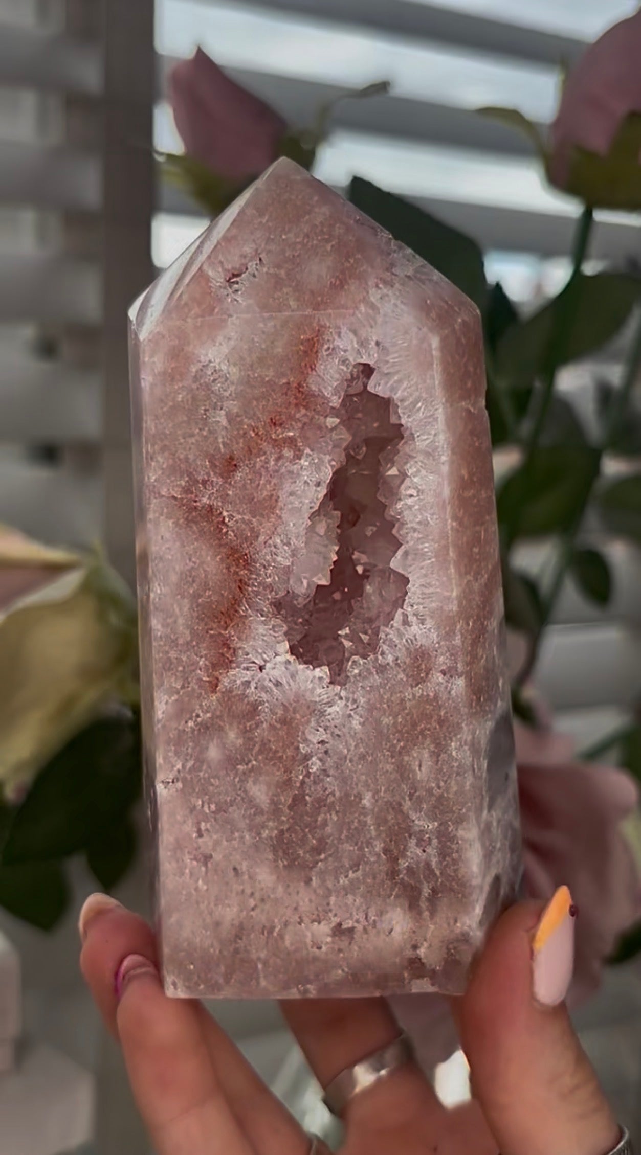 Pretty, Pink amethyst tower, with quartz druzy