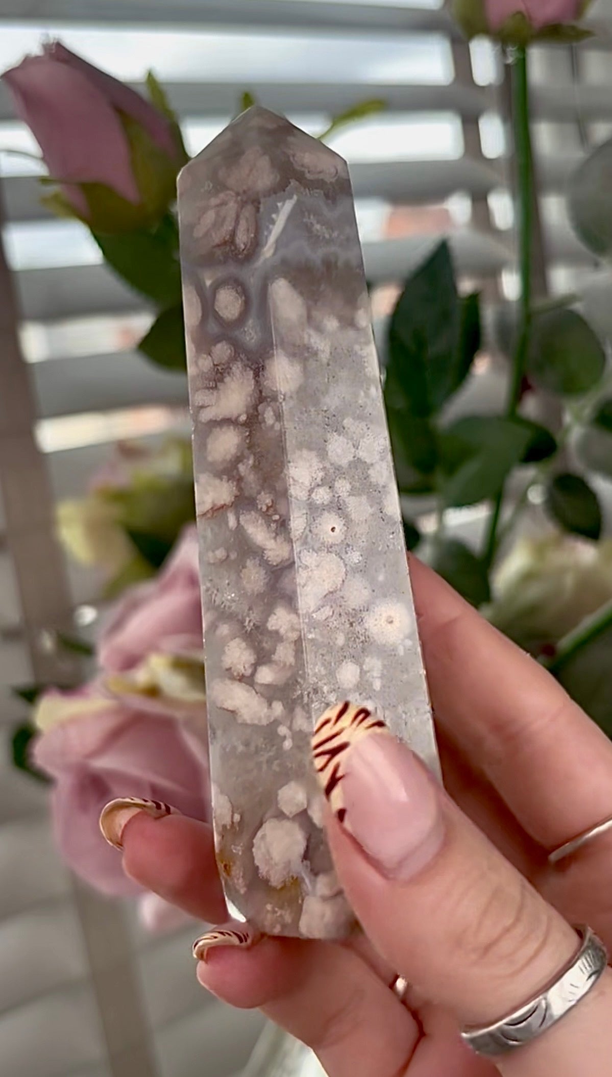 Stunning!! Super high quality, Druzy, green chlorite x blue flower agate tower