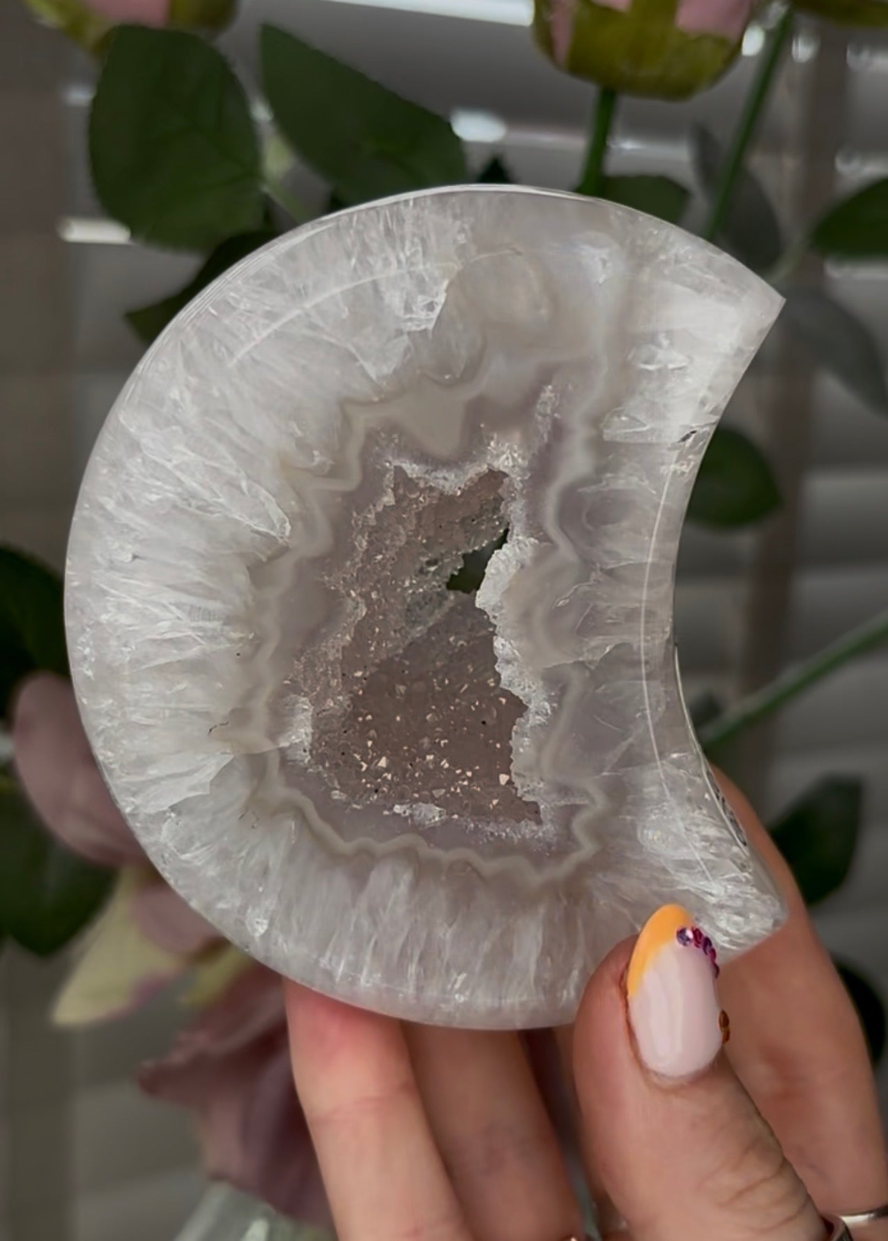 Beautiful, high grade, agate moon with druzy - comes with stand