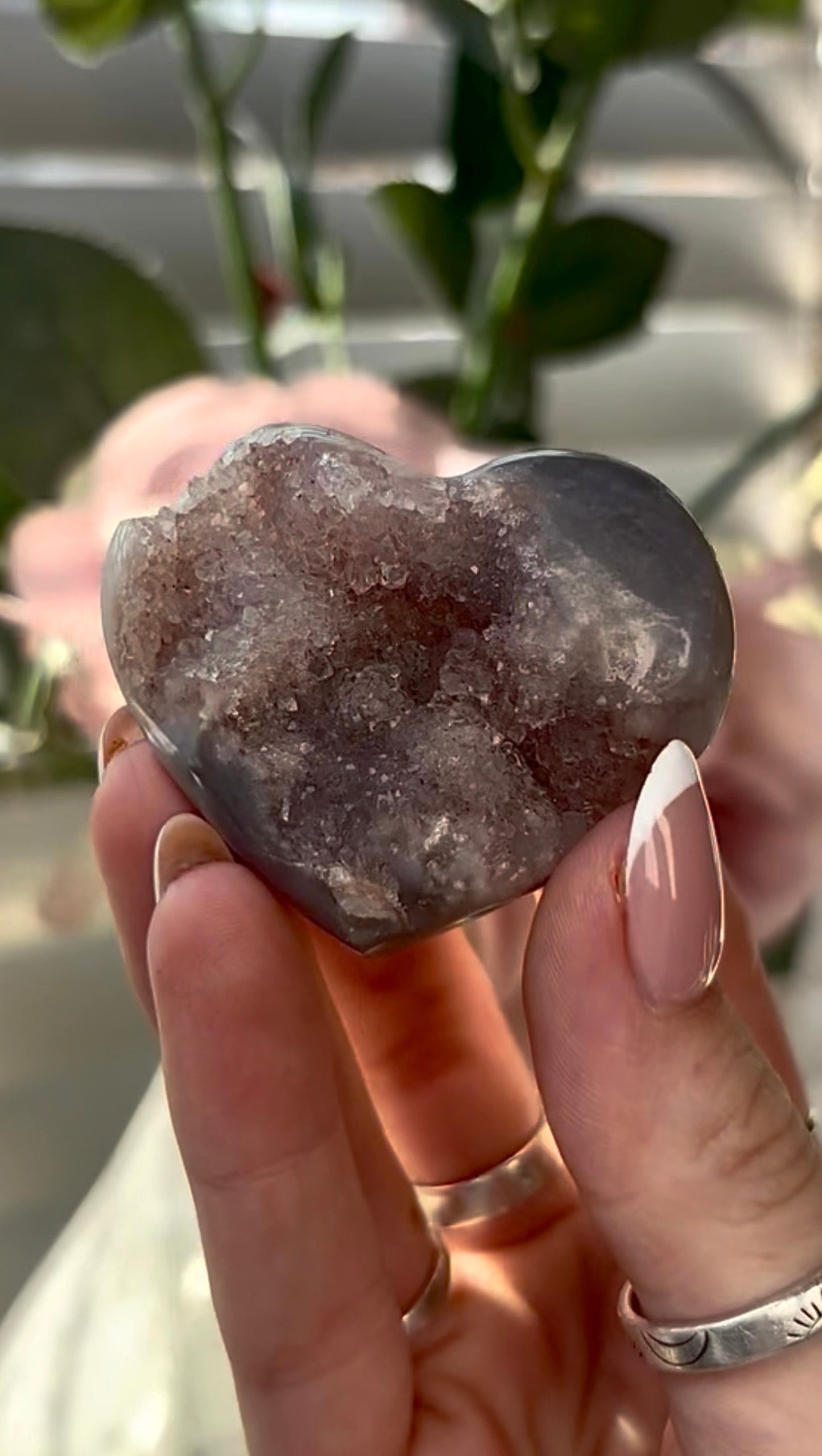 Gorgeous, druzy, pink amethyst heart- comes with stand