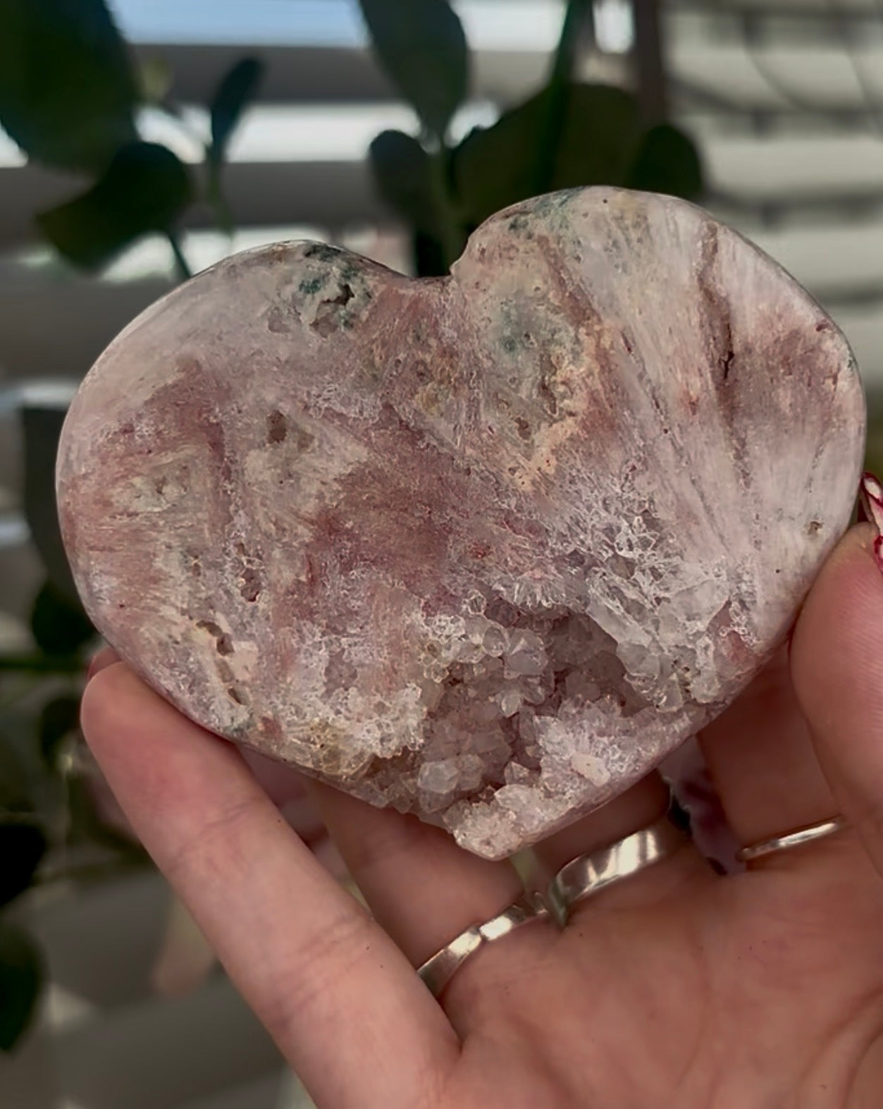 pink amethyst heart with rutile - comes with stand