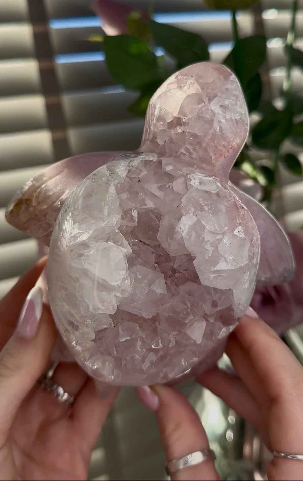 High grade, pink amethyst with chunky quartz sea turtle carving